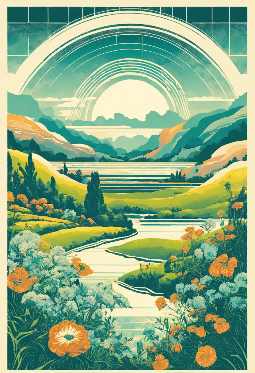 art nouveau style, Vector graphics，vectorial，Graphic illustration，Flat noise style，Vector illustration, Natural and organic depiction of vast landscapes，Sky and meadow，and flowers