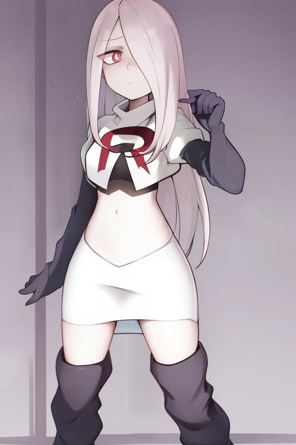 sucy, (sucy manbavaran:1.3), cowboy shot 1girl, (blank expression:1.2), (expressionless:1.2), makeup, hair over one eye, half-closed eyes, long hair, light purple hair, red eyes, pale skin, (standing cowboy shot:1.2), team rocket,team rocket uniform, red letter R, white skirt,white crop top,black thigh-high boots,black elbow gloves,