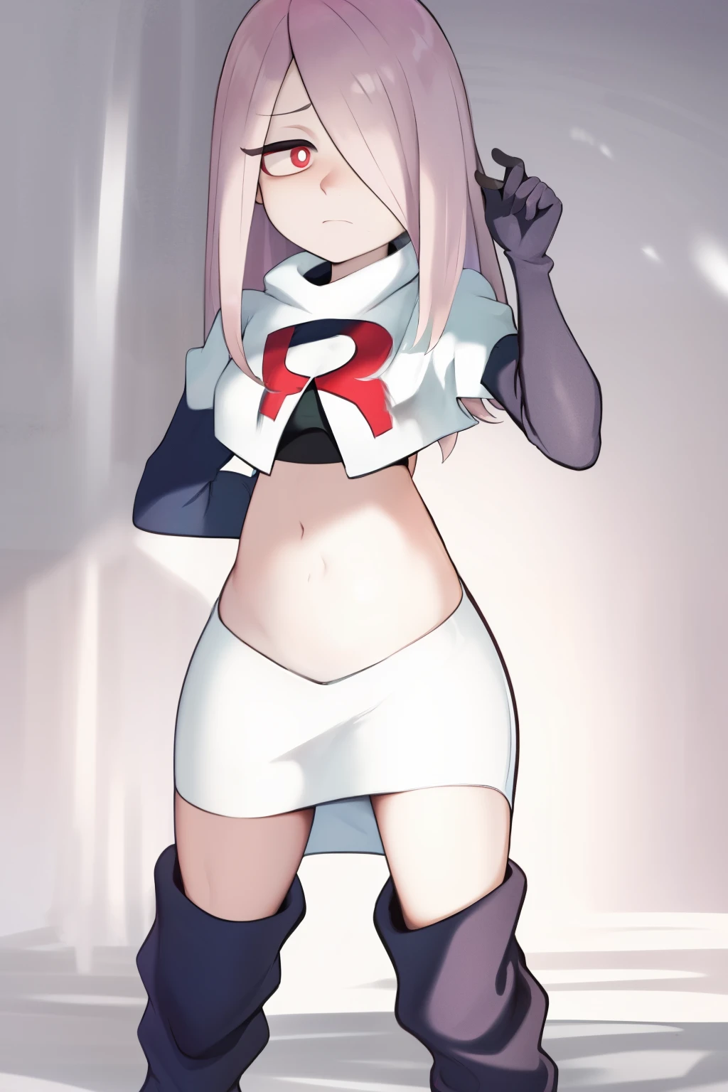 sucy, (sucy manbavaran:1.3), cowboy shot 1girl, (blank expression:1.2), (expressionless:1.2), makeup, hair over one eye, half-closed eyes, long hair, light purple hair, red eyes, pale skin, (standing cowboy shot:1.2), team rocket,team rocket uniform, red letter R, white skirt,white crop top,black thigh-high boots,black elbow gloves,