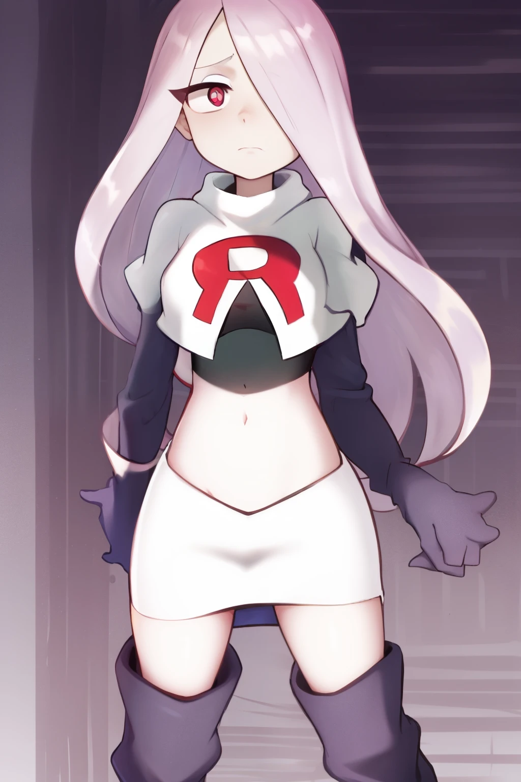 sucy, (sucy manbavaran:1.3), cowboy shot 1girl, (blank expression:1.2), (expressionless:1.2), makeup, hair over one eye, half-closed eyes, long hair, light purple hair, red eyes, pale skin, (standing cowboy shot:1.2), team rocket,team rocket uniform, red letter R, white skirt,white crop top,black thigh-high boots,black elbow gloves,