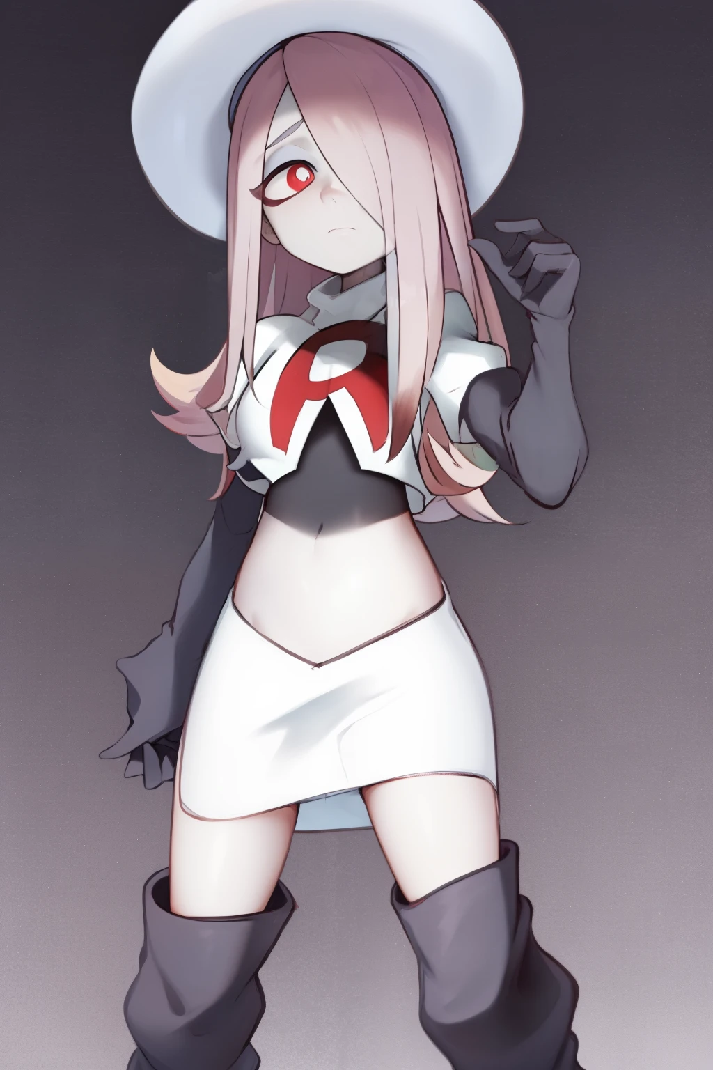 sucy, (sucy manbavaran:1.3), cowboy shot 1girl, (blank expression:1.2), (expressionless:1.2), makeup, hair over one eye, half-closed eyes, long hair, light purple hair, red eyes, pale skin, (standing cowboy shot:1.2), team rocket,team rocket uniform, red letter R, white skirt,white crop top,black thigh-high boots,black elbow gloves,