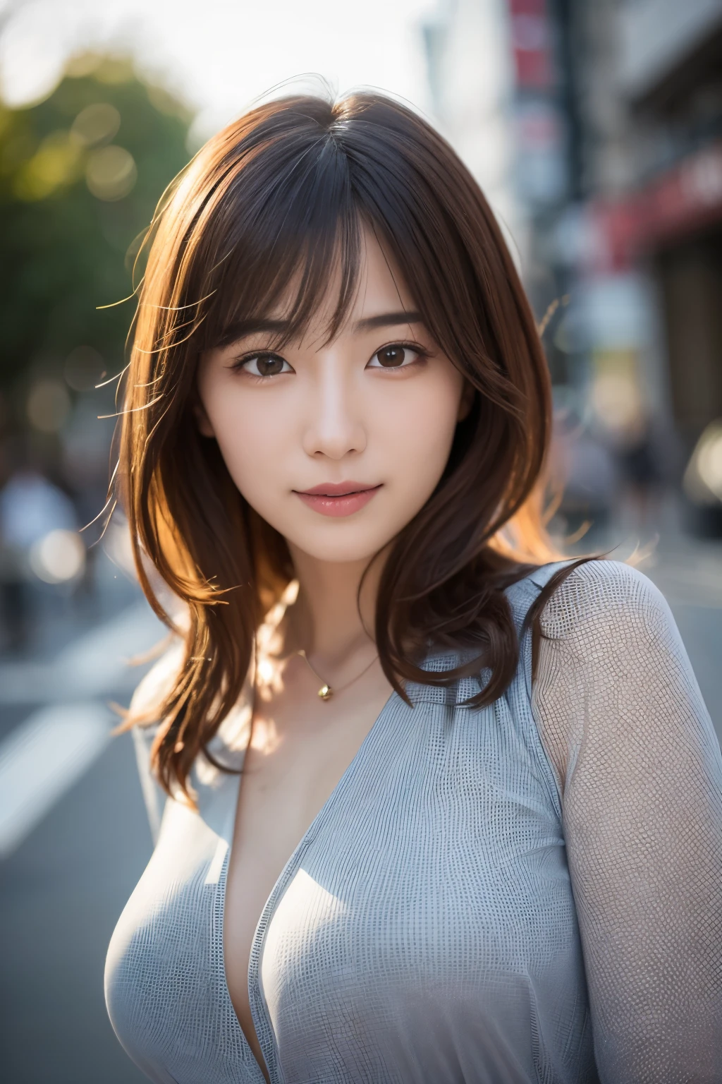 1womanl, hyperdetailed face, Detailed lips, A detailed eye, 二重まぶた, ssmile, Colorful silk blouse, large full breasts, The upper part of the body, a closeup, beautiful hairl, Ginza Street in Tokyo, early evening, A city scape, depth of fields, 8K, Raw photography, top-quality, ​masterpiece, realisitic, Photorealsitic, AsianEyes Era