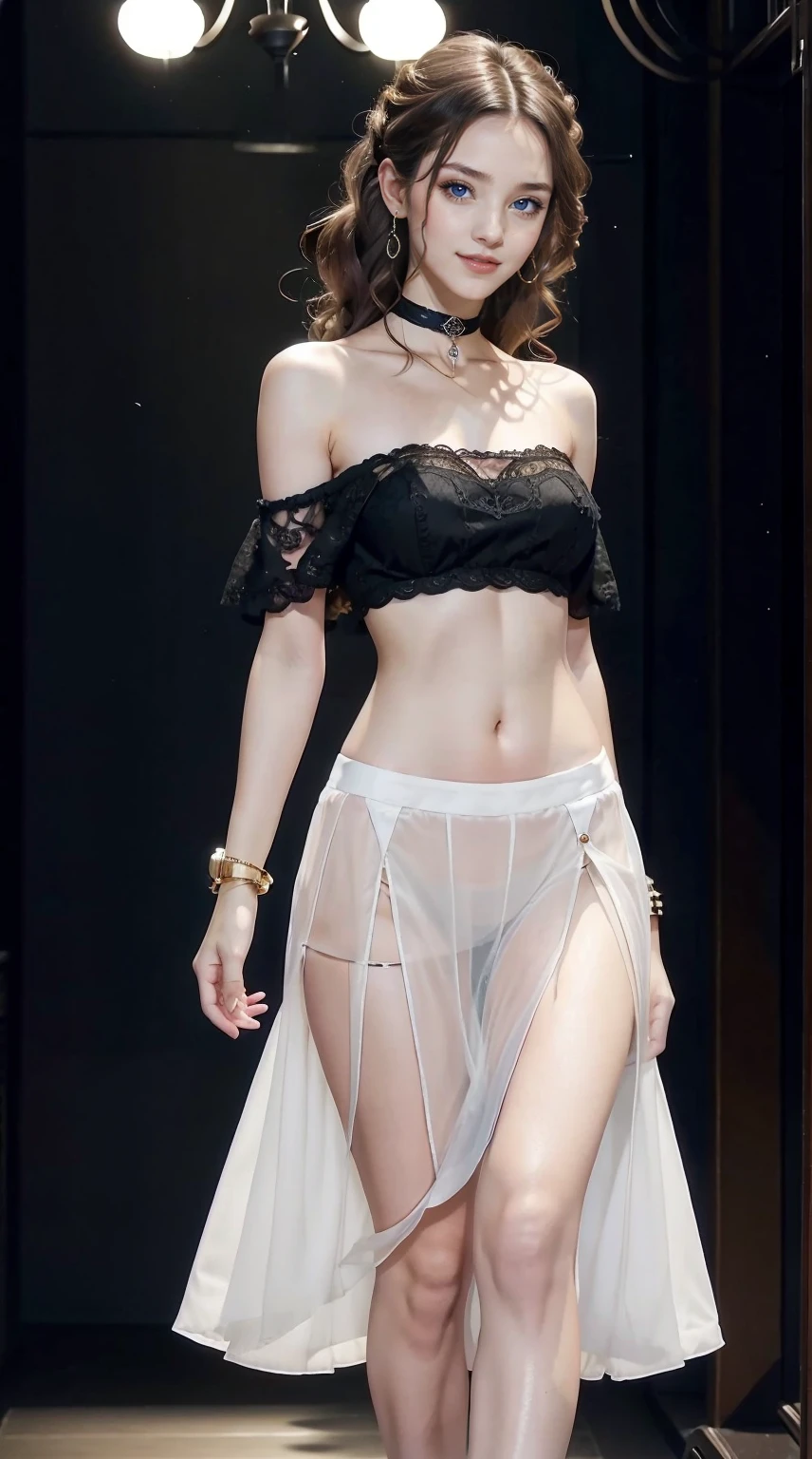 25-year-old Caucasian woman、bionde、blue eyess、Longhaire、My hair is wavy、I&#39;m wearing eyeshadow and lipstick、accessories on the wrist、wearing a choker、Shiny skin、setting hair、a smile、slim muscular body、I don&#39;t want my head to disappear from the screen.、I'm wearing high heels、Wearing an off-shoulder top with lace、Abs are cracked、I can see the belly button、I&#39;m wearing a mini-length pleated skirt、I'm wearing high heels、Walking down the fashion show runway