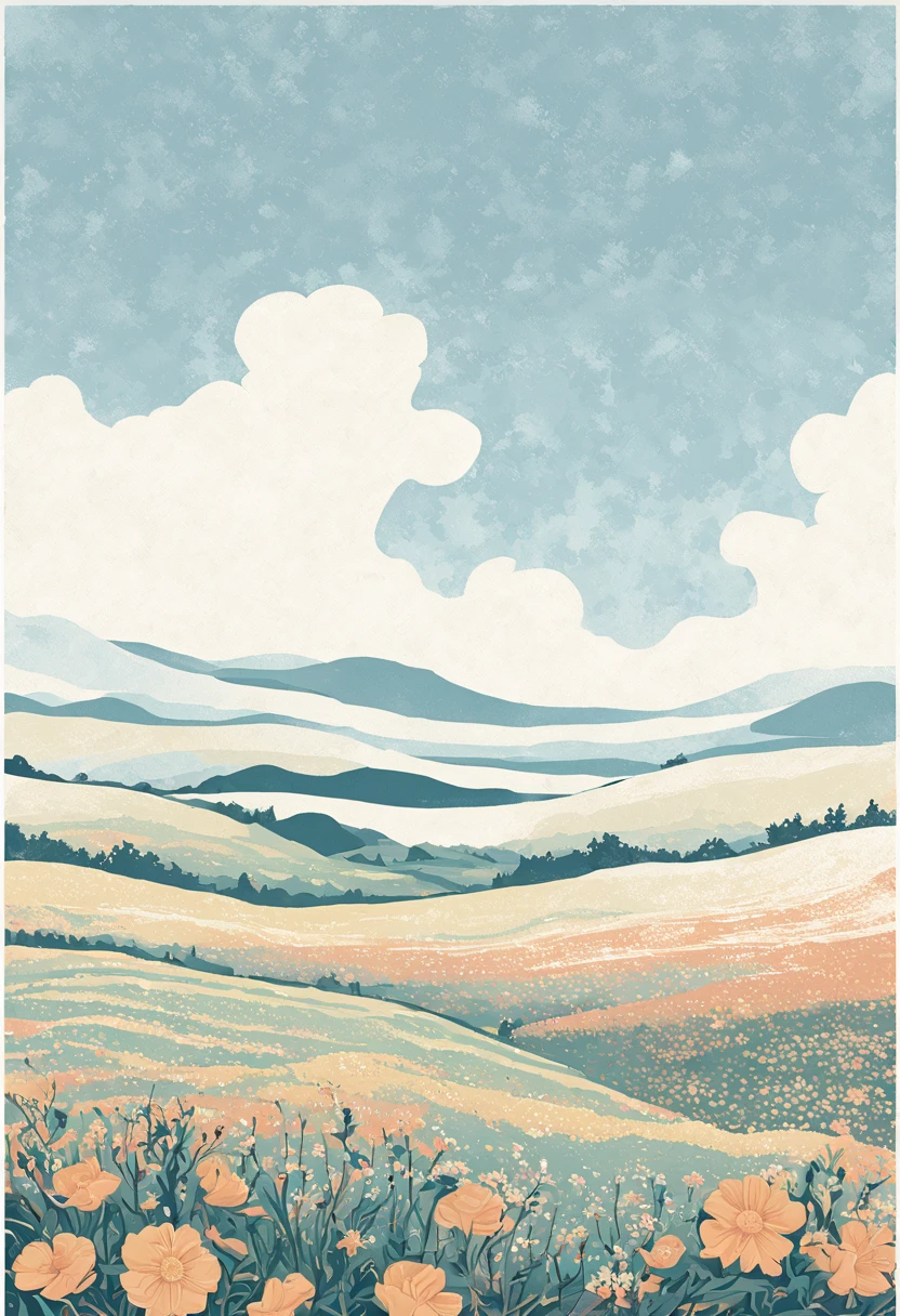 art nouveau style, Vector graphics，vectorial，Graphic illustration，Flat noise style，Vector illustration, Natural and organic depiction of vast landscapes，Sky and meadow，and flowers