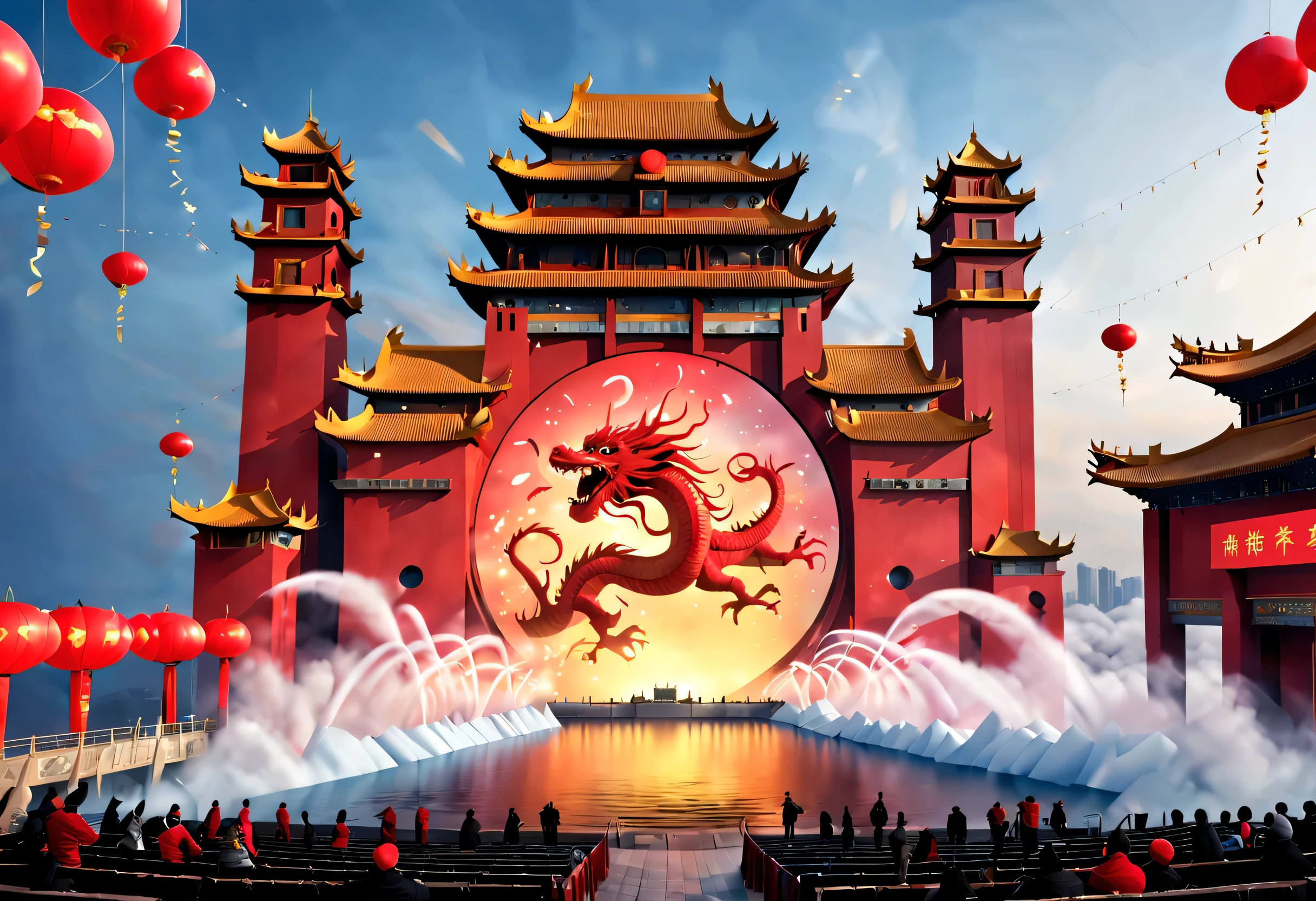 (2024 New Year’s Eve celebration scene design), (Red and gold poster design), (a happy new year Scene on the Giant Coastal Architecture Complex in Qingdao, : 1.2), Chinese dragon inside the projection screen, (a happy new year: 1.3), Audiences watch countdown on big screen, Fireworks bloom in the sky, Many ribbons and confetti fall in the air, people&#39;wanting, Background with: Heavy snow cover