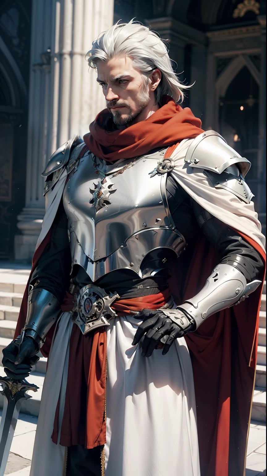 ((best qualtiy)), ((tmasterpiece)), (The is very detailed:1.3),3D,retro medieval style,Handsome male warrior wearing silver-white armor,Carrying his own sword at his waist,The short, ear-length hair is slightly flowing and thick.,A cloak hangs on the back,Kingsguard,cavalier