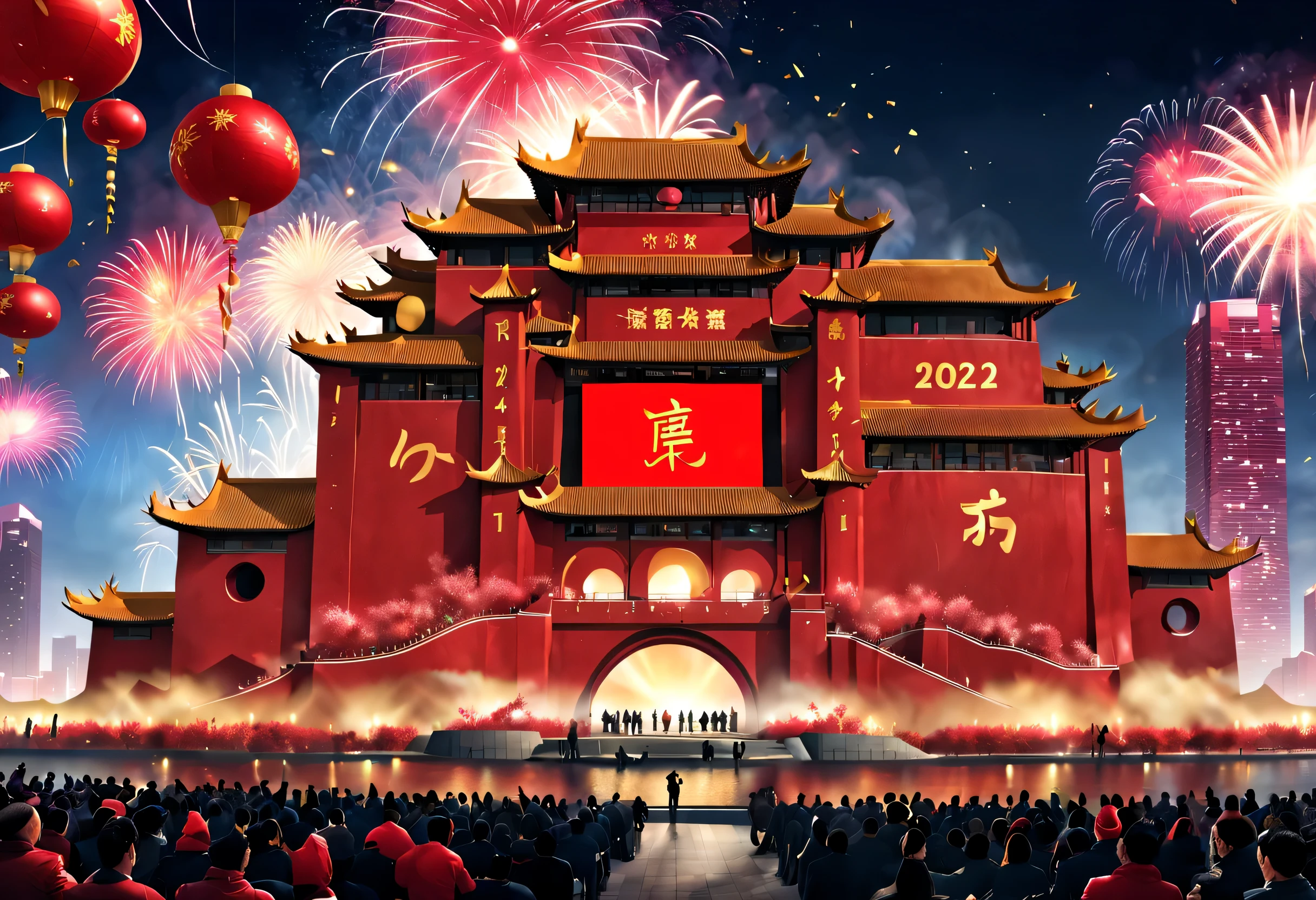 (2024 New Year’s Eve celebration scene design), (Red and gold poster design), (a happy new year Scene on the Giant Coastal Architecture Complex in Qingdao, : 1.2), Chinese dragon inside the projection screen, (a happy new year: 1.3), Audiences watch countdown on big screen, Fireworks bloom in the sky, Many ribbons and confetti fall in the air, people&#39;wanting, Background with: Heavy snow cover