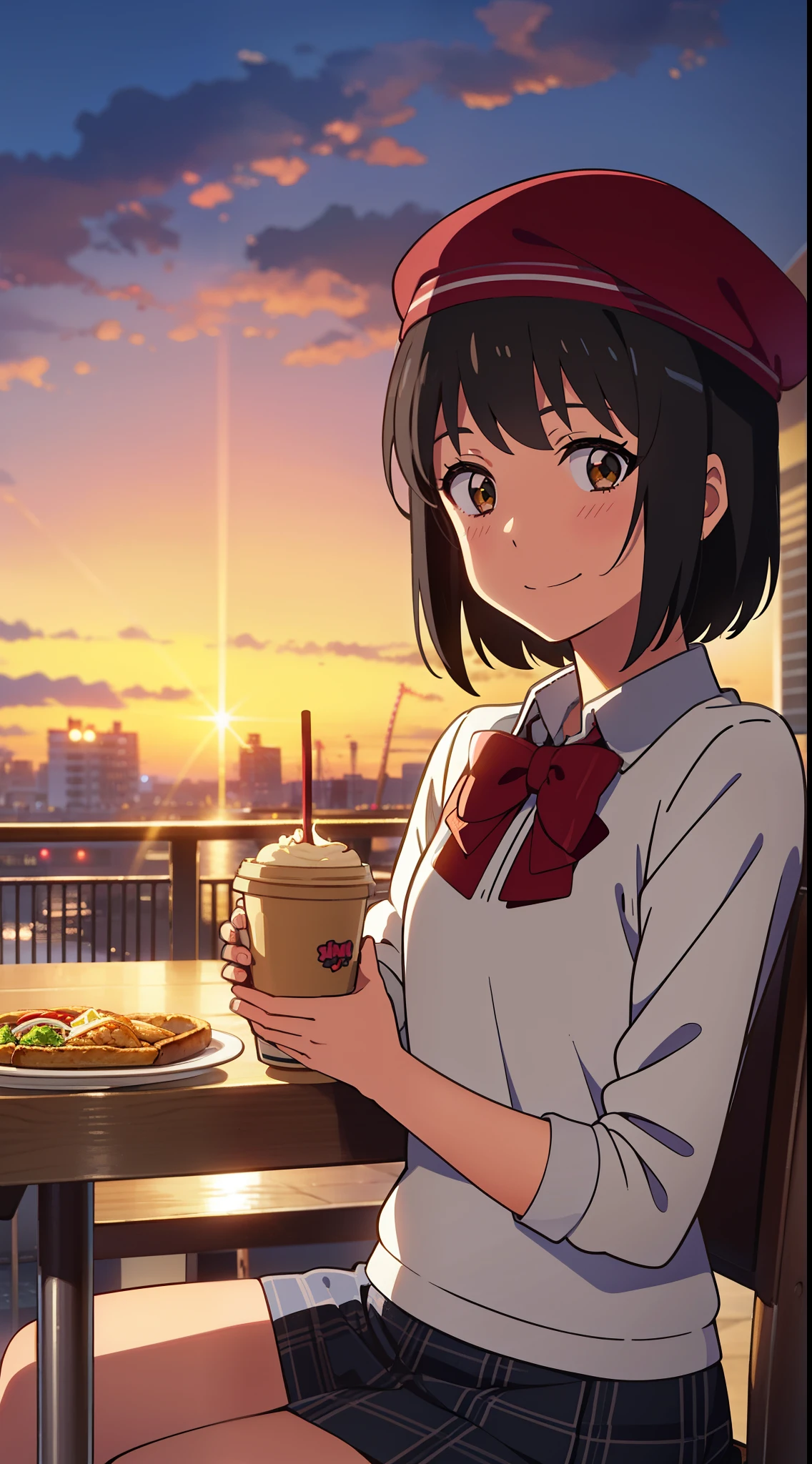 shinkai makoto, kimi no na wa., 1girl, bangs, black hair, blush, bright eyes, brown eyes, red headband, red bow, red ribbon, short hair, smile, cute, beautiful, shiny skin, perfect body, perfect hands, looking at viewer, sweater, shirt, flatcap, skirt, plaid skirt, evening, sunset, cloudy, outdoors, summer festival, Amusement park, dynamic lights, restaurant, resto, cafe, coffee, table, chair, sitting, drinking