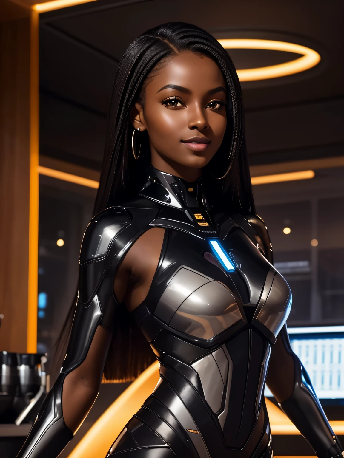 futuristic girl with a perfect figure, radiant dark skin, amber eyes, aquiline facial features, tech windows looking out into space, seductive and alluring, luscious lips, crooked smile, dark hair, long luscious hair, dark skin, futuristic coffee shop