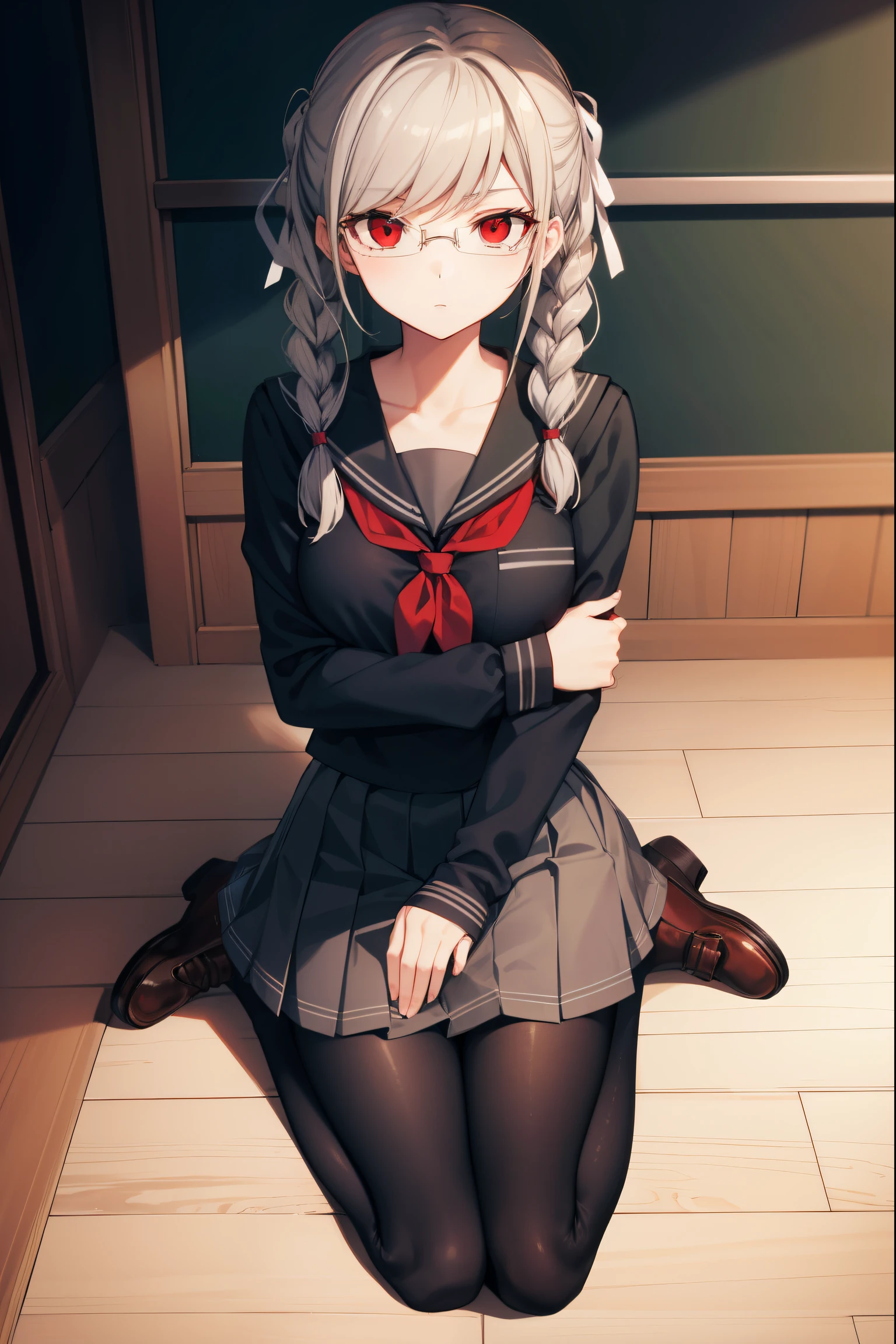 pekopekoyama, peko pekoyama, braid, long hair, (red eyes:1.5), twin braids, glasses,
BREAK black pantyhose, black shirt, brown footwear, collarbone, pantyhose, pleated skirt, school uniform, serafuku, shirt, shoes, skirt,
BREAK looking at viewer,
BREAK indoors, classroom,
BREAK (masterpiece:1.2), best quality, high resolution, unity 8k wallpaper, (illustration:0.8), (beautiful detailed eyes:1.6), extremely detailed face, perfect lighting, extremely detailed CG, (perfect hands, perfect anatomy),