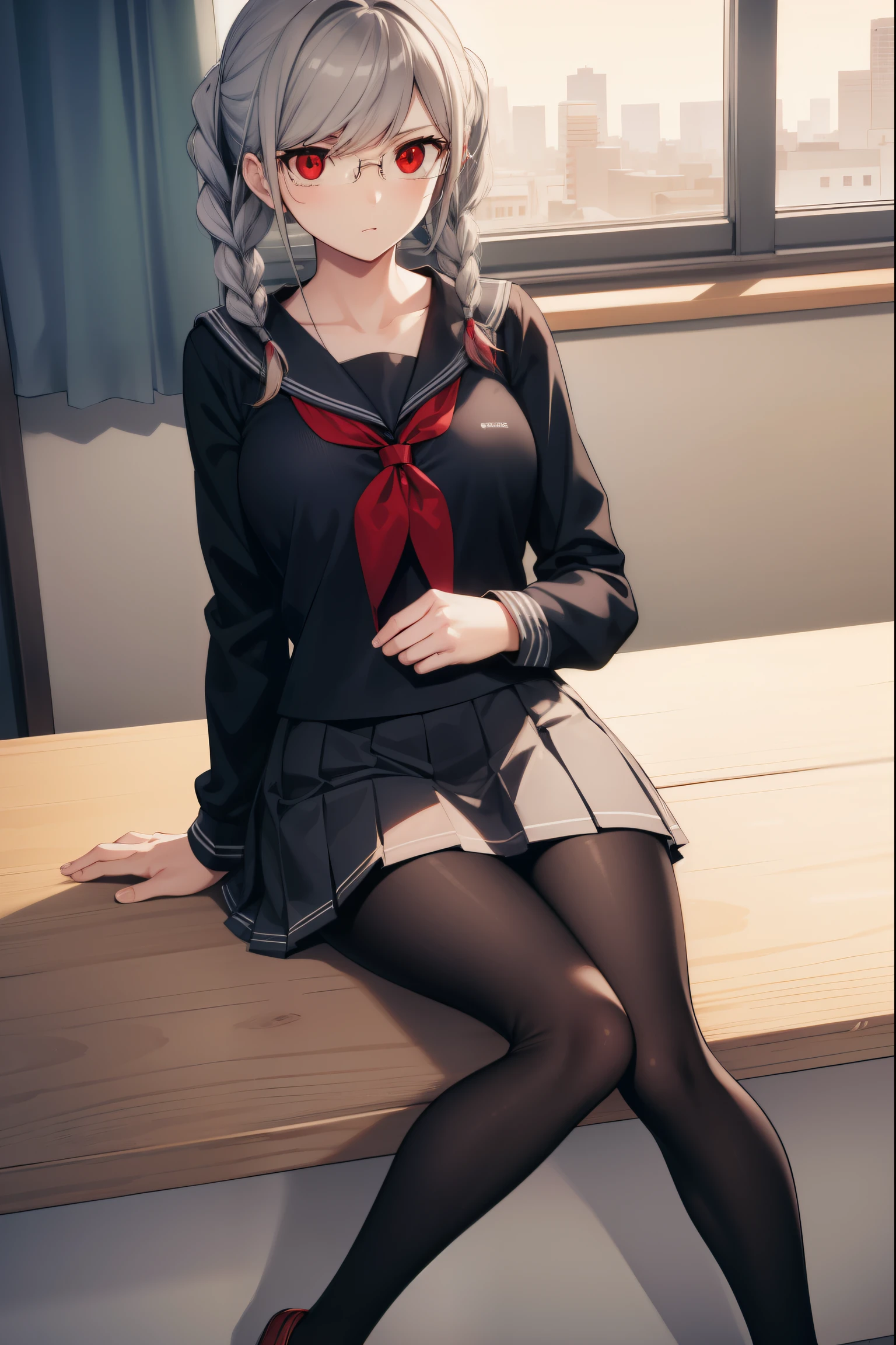 pekopekoyama, peko pekoyama, braid, long hair, (red eyes:1.5), twin braids, glasses,
BREAK black pantyhose, black shirt, brown footwear, collarbone, pantyhose, pleated skirt, school uniform, serafuku, shirt, shoes, skirt,
BREAK looking at viewer,
BREAK indoors, classroom,
BREAK (masterpiece:1.2), best quality, high resolution, unity 8k wallpaper, (illustration:0.8), (beautiful detailed eyes:1.6), extremely detailed face, perfect lighting, extremely detailed CG, (perfect hands, perfect anatomy),