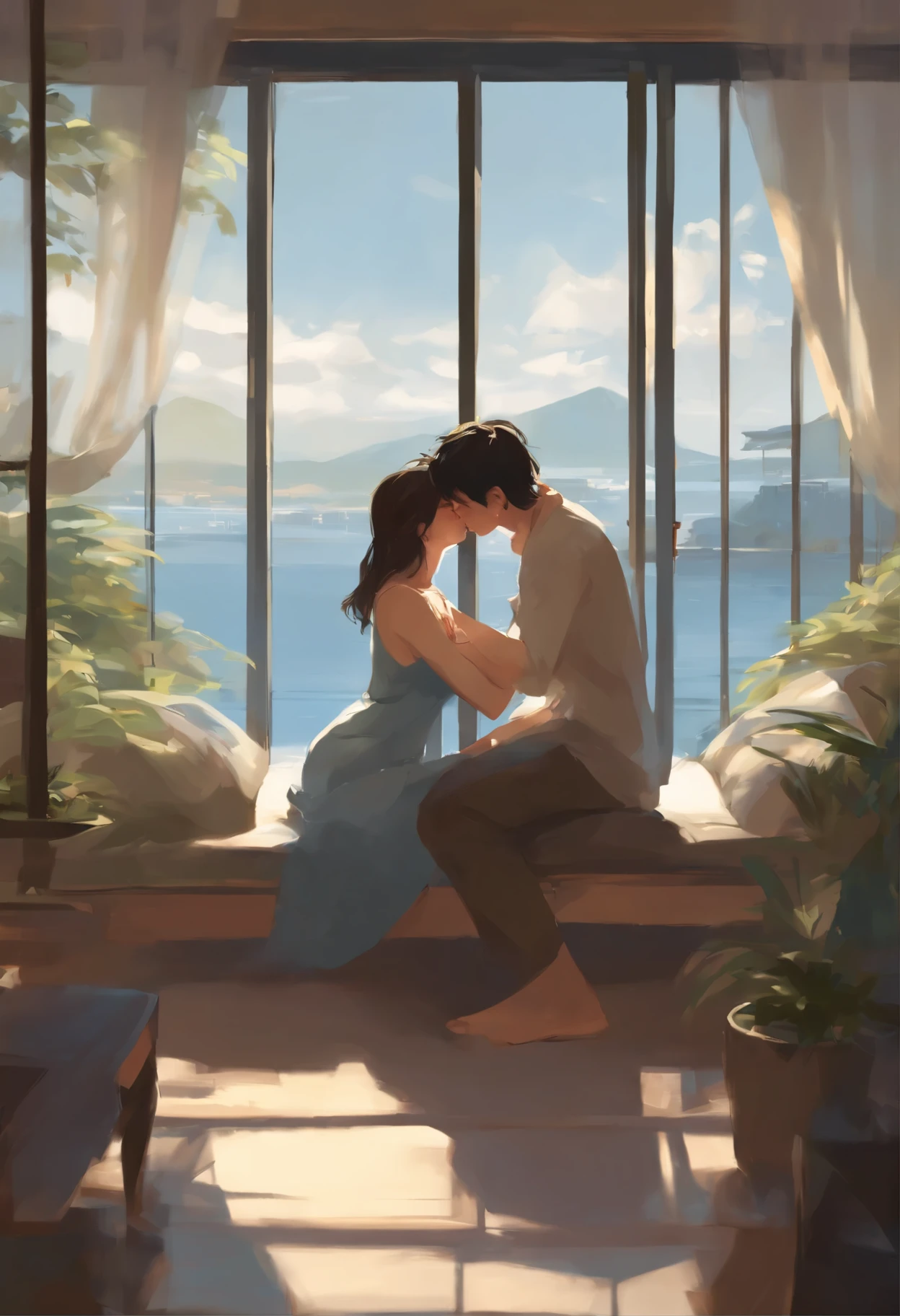 a painting, depicting a couple kissing in front of a window overlooking the ocean, rob rey and kentarõ miura style, rob rey and kentarõ miura, Rob Rei and Kentaro Miura Style, Guweiz and Makoto Sinkai, romantic painting, sakimichan and makoto shinkai, Concept art of love, She had no strength left to resist, when he lifted her up and, removing the pillows, started laying. She felt his hands on her skin, calloused and warm. Makoto Shinkai and (Cainova plague), sakimichan and makoto shinkai, guweiz, Kissing together, artwork in the style of guweiz