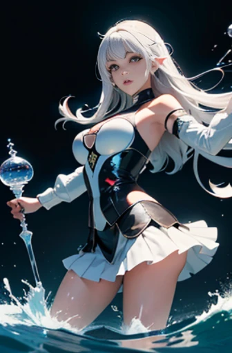 (hiper real), (illustration), (high resolution), (8k), (Very detailed), (best illustration), (bela qualidade visual detalhada), (super detalhado), (master part), (O papel de parede), (Rosto detalhado), sozinho, (dynamic pose), Boobgasm, cabelos ondulados brancos na cama, Japan person, Iris Colored Eyes, (((muito fino, clear liquid)), medium breasts, pernas longas,Levante as pernas para a esquerda e para a direita ,Roupa interior aberta(Miniskirt translucent like water)