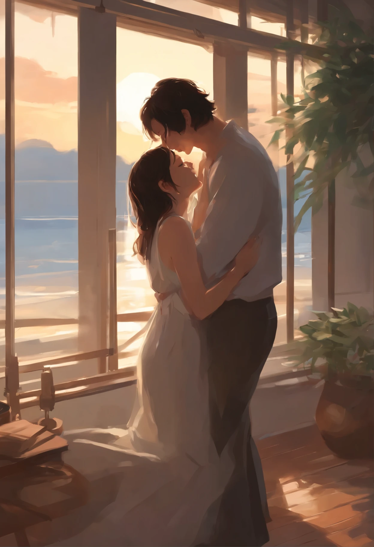 a painting, depicting a couple kissing in front of a window overlooking the ocean, rob rey and kentarõ miura style, rob rey and kentarõ miura, Rob Rei and Kentaro Miura Style, Guweiz and Makoto Sinkai, romantic painting, sakimichan and makoto shinkai, Concept art of love, She had no strength left to resist, when he lifted her up and, removing the pillows, started laying. She felt his hands on her skin, calloused and warm. Makoto Shinkai and (Cainova plague), sakimichan and makoto shinkai, guweiz, Kissing together, artwork in the style of guweiz