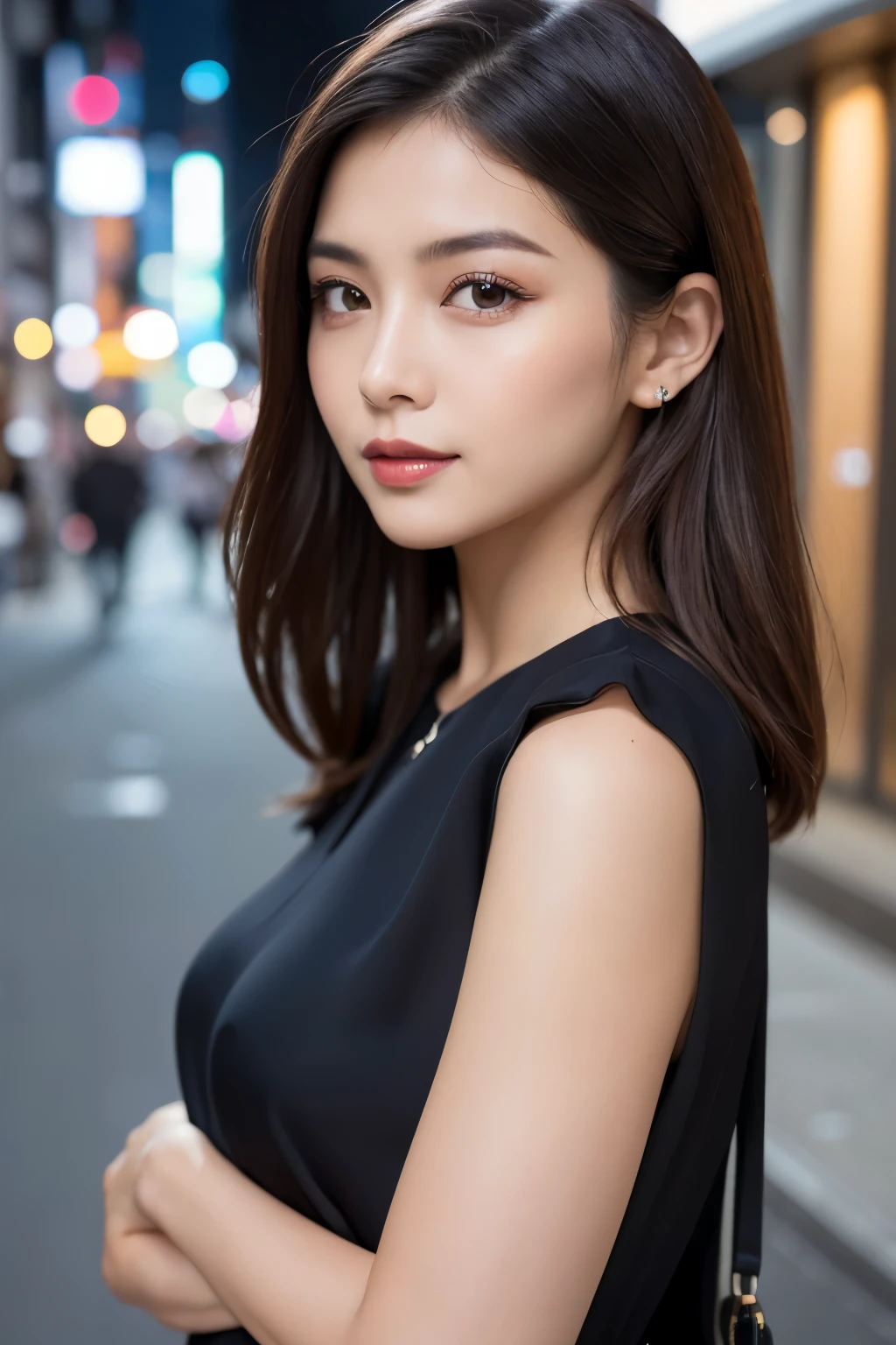 1womanl, hyperdetailed face, Detailed lips, A detailed eye, 二重まぶた, ssmile, Colorful silk blouse, small chest, The upper part of the body, a closeup, beautiful hairl, Ginza Street in Tokyo, early evening, A city scape, depth of fields, 8K, Raw photography, top-quality, masterpiece, realisitic, Photorealsitic, era of asian eyes