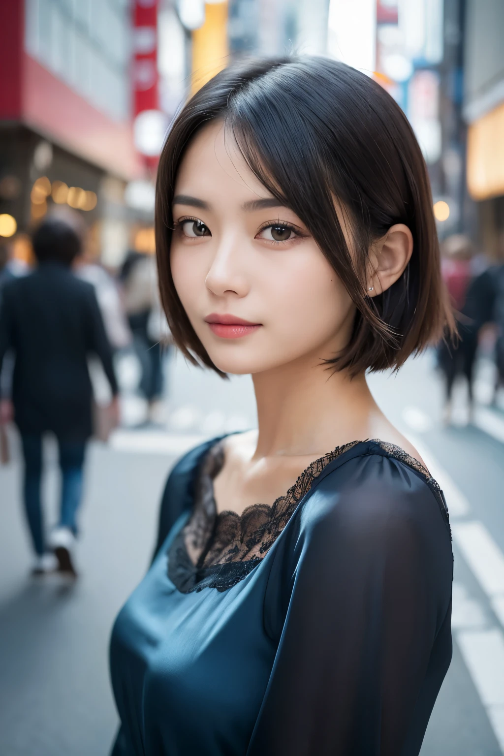 1womanl, hyperdetailed face, Detailed lips, A detailed eye, 二重まぶた, ssmile, Colorful silk blouse, small chest, The upper part of the body, a closeup, beautiful hairl, Ginza Street in Tokyo, early evening, A city scape, depth of fields, 8K, Raw photography, top-quality, ​masterpiece, realisitic, Photorealsitic, era of asian eyes