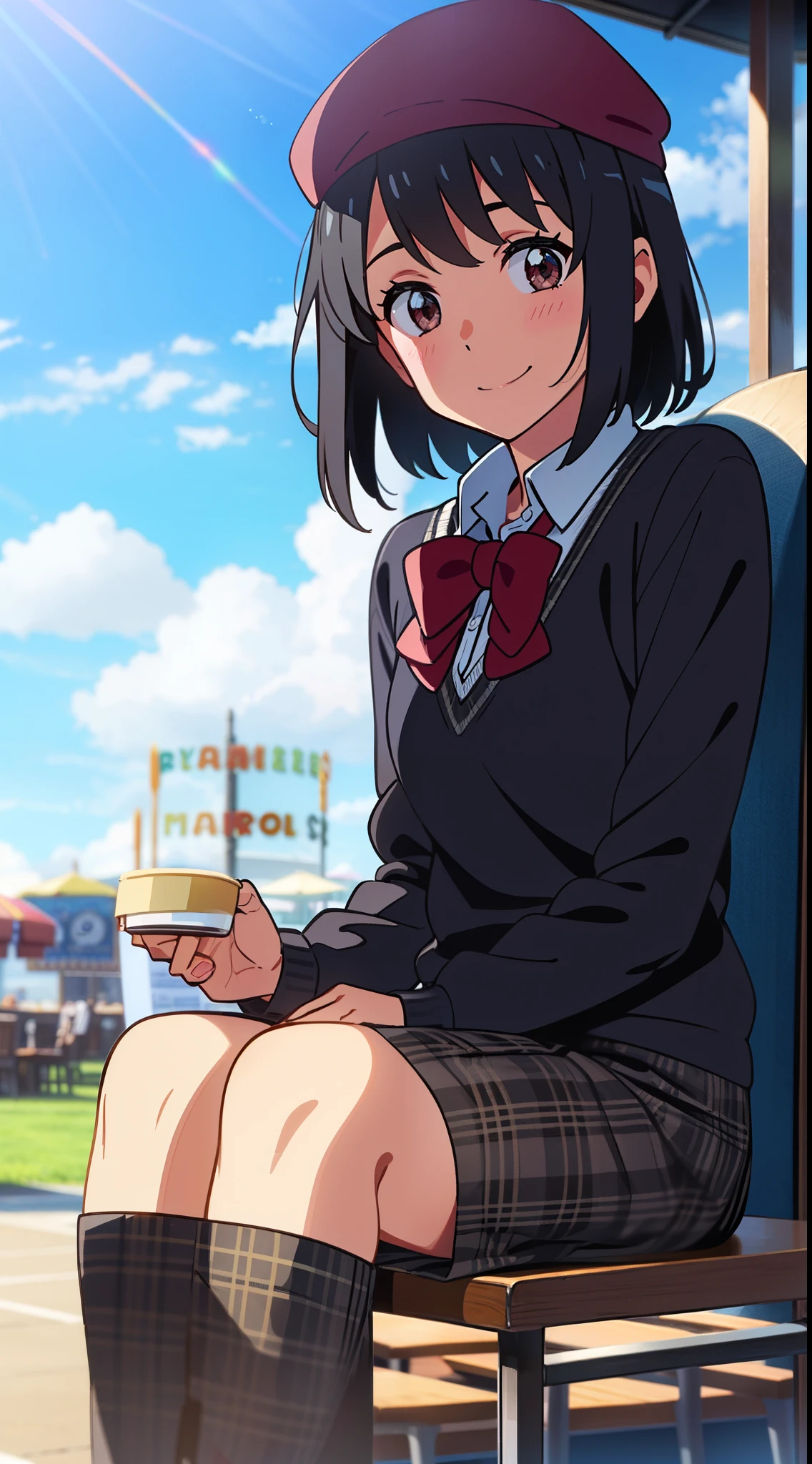 shinkai makoto, kimi no na wa., 1girl, bangs, black hair, blush, bright eyes, brown eyes, red headband, red bow, red ribbon, short hair, smile, cute, beautiful, shiny skin, perfect body, perfect hands, looking at viewer, sweater, shirt, flatcap, skirt, plaid skirt, day, sky, blue sky, cloudy, sunlight, outdoors, summer festival, Amusement park, dynamic lights, restaurant, resto, cafe, coffee, table, chair, sitting