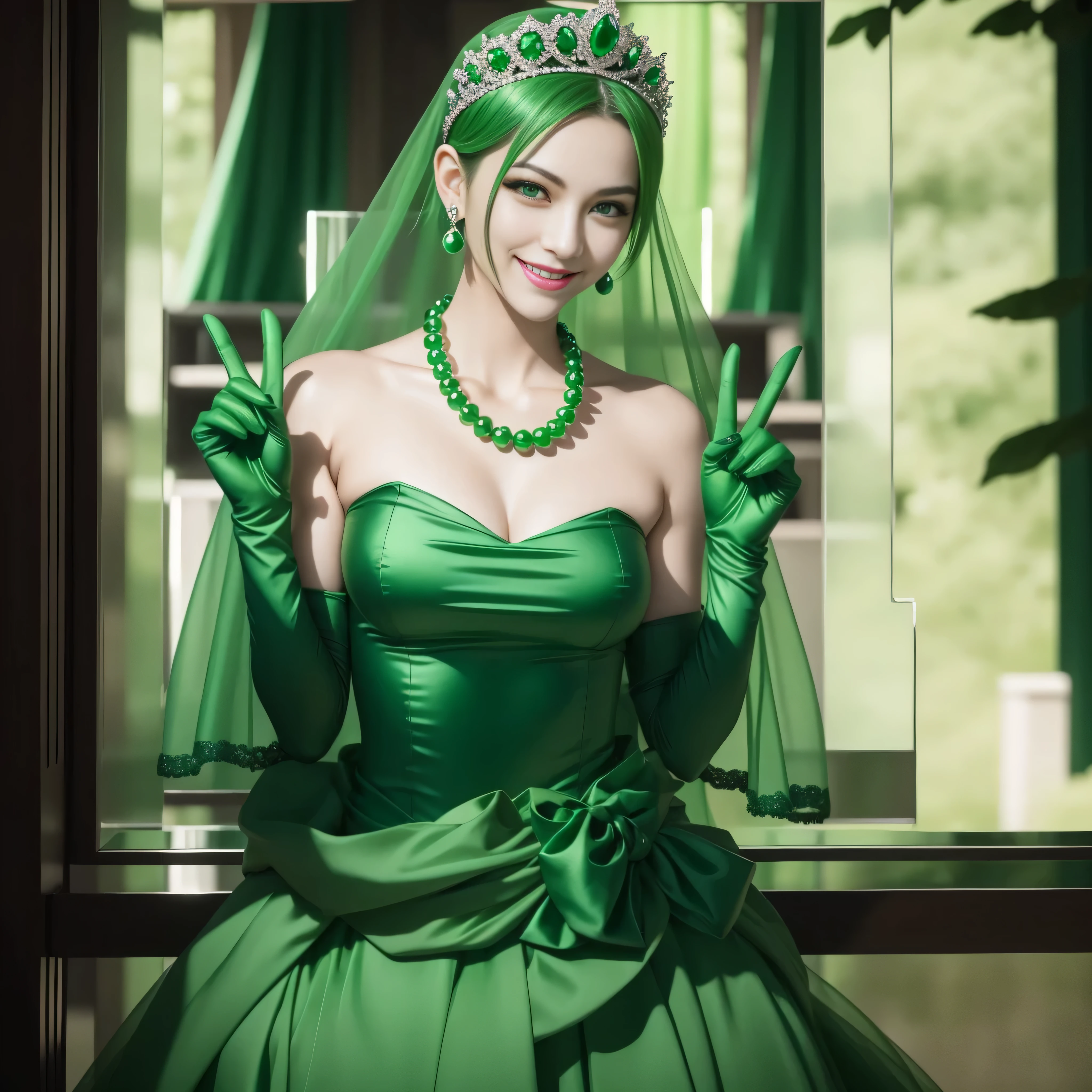 emerald tiara, Green Pearl Necklace, Boyish very short green hair, lipsticks, Japan woman smiling, very short short hair, big breasts beautiful, Green eyes, Long green gloves made of satin material, Green eyes, Emerald Earrings, green vale, v sign