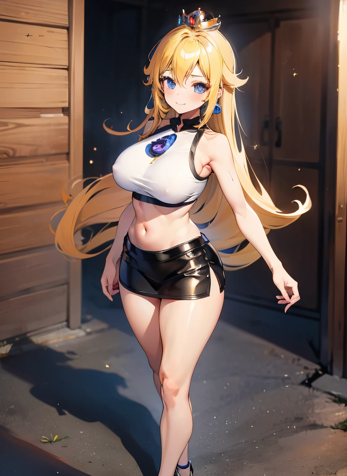 ((masterpiece)), ((best quality)), (ultra-detailed), ((kawaii)), cuovely), ((sexy)), ((extremely detailed)), 4K, (8K), best quality, (beautiful), (anime style:1.2), flat color, painting, //, dynamic pose ((nsfw)), //, full body, gradation, Beautiful girl with blonde hair,with hair dishevelled,long blonde hair,Sick,White pupils,The legs are very thin,The legs are long, blue eyelashes, masterpiece, 1girl ((20 years old)), Princess peach, (white sports bra), white crop top, (black pencil skirt), (black suspenderlack loose ankle socks), (red sneakeringerless gloverom sides, Smile, Long hair, (blonde hair, Deep Blue Eyes:1.2), Sparkling eyes, (Perfect eyes:1.2), (Perfect iris:1.2), //, (cool), //, shiny-glistening, ultra shiny body, gleaming, Cute face, kawaii, Large breasts, delicate hair, disheveled hair, bar, pub ((7th heaven)) , ((ground view)) Tall and tall,Thin, 8k, ultrarealistik, oficial art, NSFW, blush, naked
