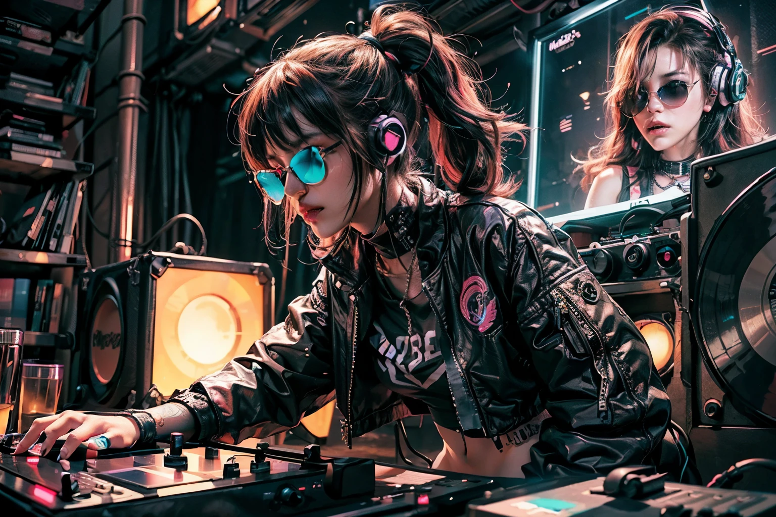 "Cyberpunk DJ girl with cool head set,front view ,cool open jacket and crop top shirt, rocking sun glasses, two big LED glowing loudspeakers on each side, immersed in a neon-lit environment, vinyl record on turntable with music mixer and turntable in front of her, exuding an electrifying disco vibe in a futuristic night club."