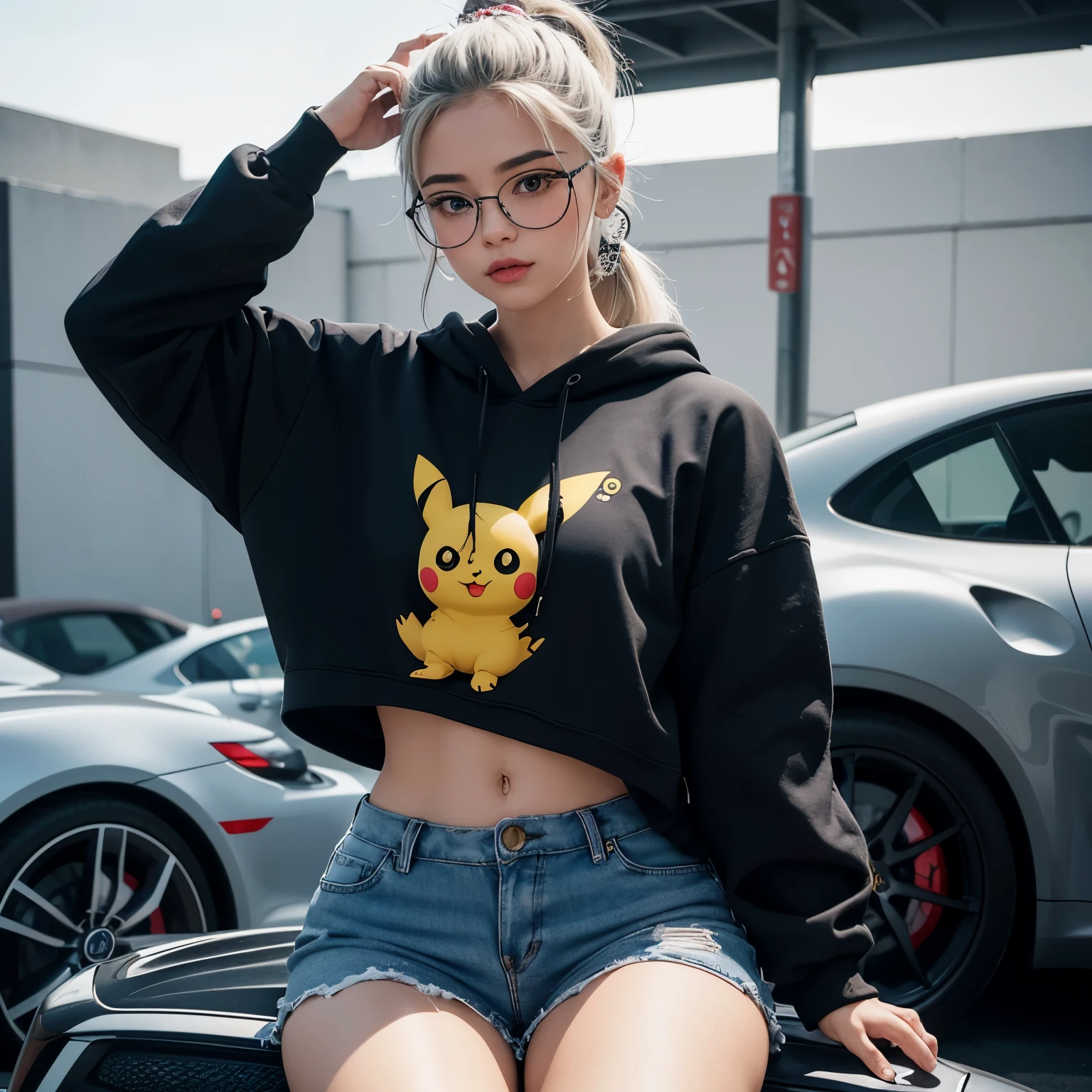 Uma linda chines extremamente fofa, her hair is white tied in a ponytail, rosto ultra detalhado, bochecha rosada, rosy lips (ela tem os olhos azul) she is wearing a sweatshirt with.capus de frio preto (the sweatshirt has a Pikachu print) She is wearing black sports legging shorts, shorts leggin extremamente apertado, ao ar livre, foto realista, master part, luz profissional, She is sitting in a black Porsche 911, 1 car, Porsche 911, coxas separadas, sorriso (She's wearing a casual black eye glasses) 1 girl, Very high resolution, qualidade 4k 16k, Professional coloring, realista (ela tem uma tattoo de um samurai na perna esquerda) tattoo ultra detalhado, ultra detailed hands, unhas vermelhas, Facing the camera squarely.