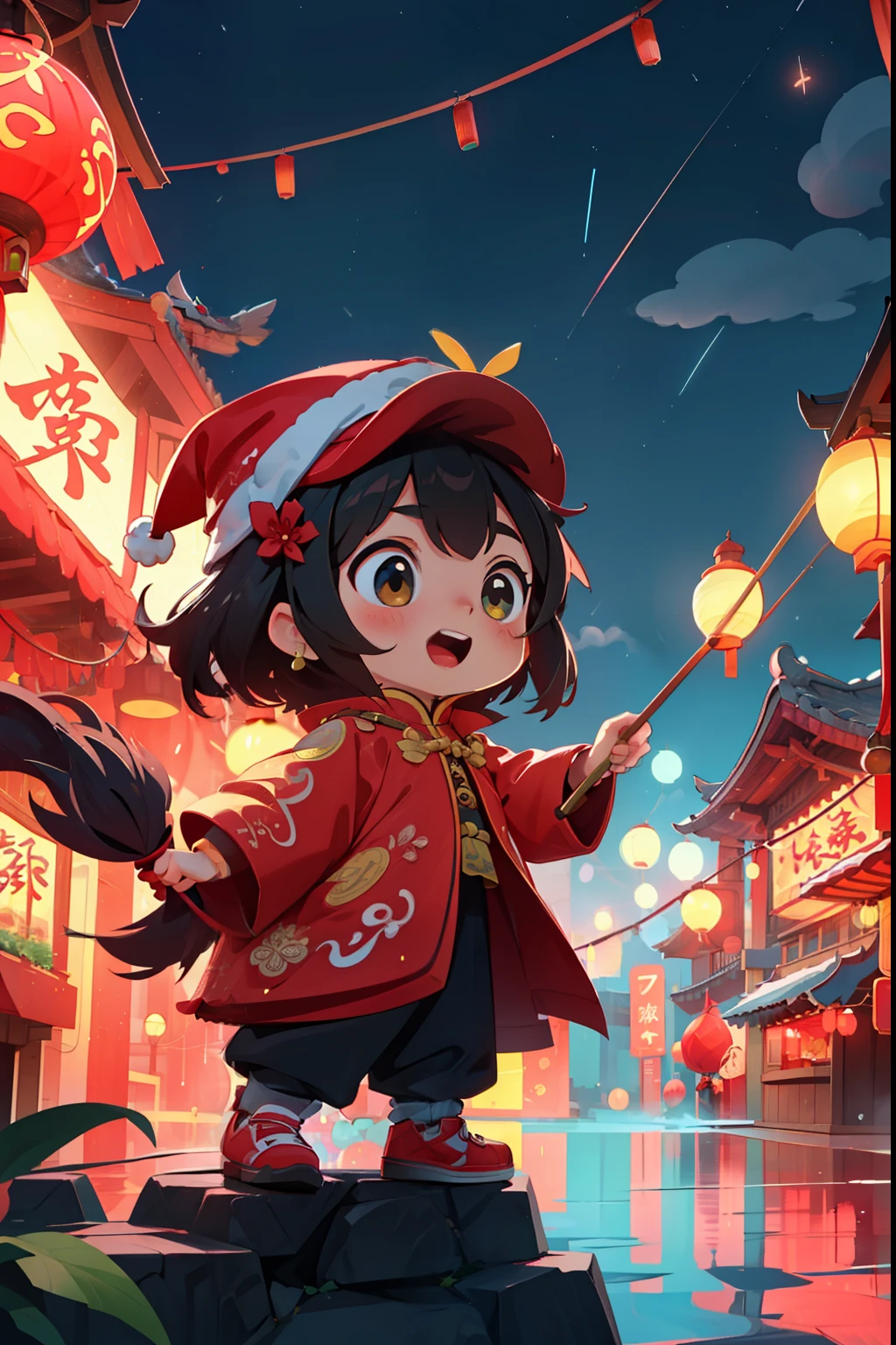 New Year’s Day，red theme，New Year’s Day的气氛，Little girl wearing dragon hat，Standing on the red chinese dragon，Little girl&#39;Blessings fireworks bloom in the night sky，The night sky is dyed colorful。The cliff is covered with red lanterns，shrouded in a festive atmosphere。The streets are bustling，with people coming and going，vivaciousness、joy and excitement，Celebrate the holidays。hd artwork，new year&#039；整个农历new year&#39;eve，fireworks in the night sky，red light street，Celebrations