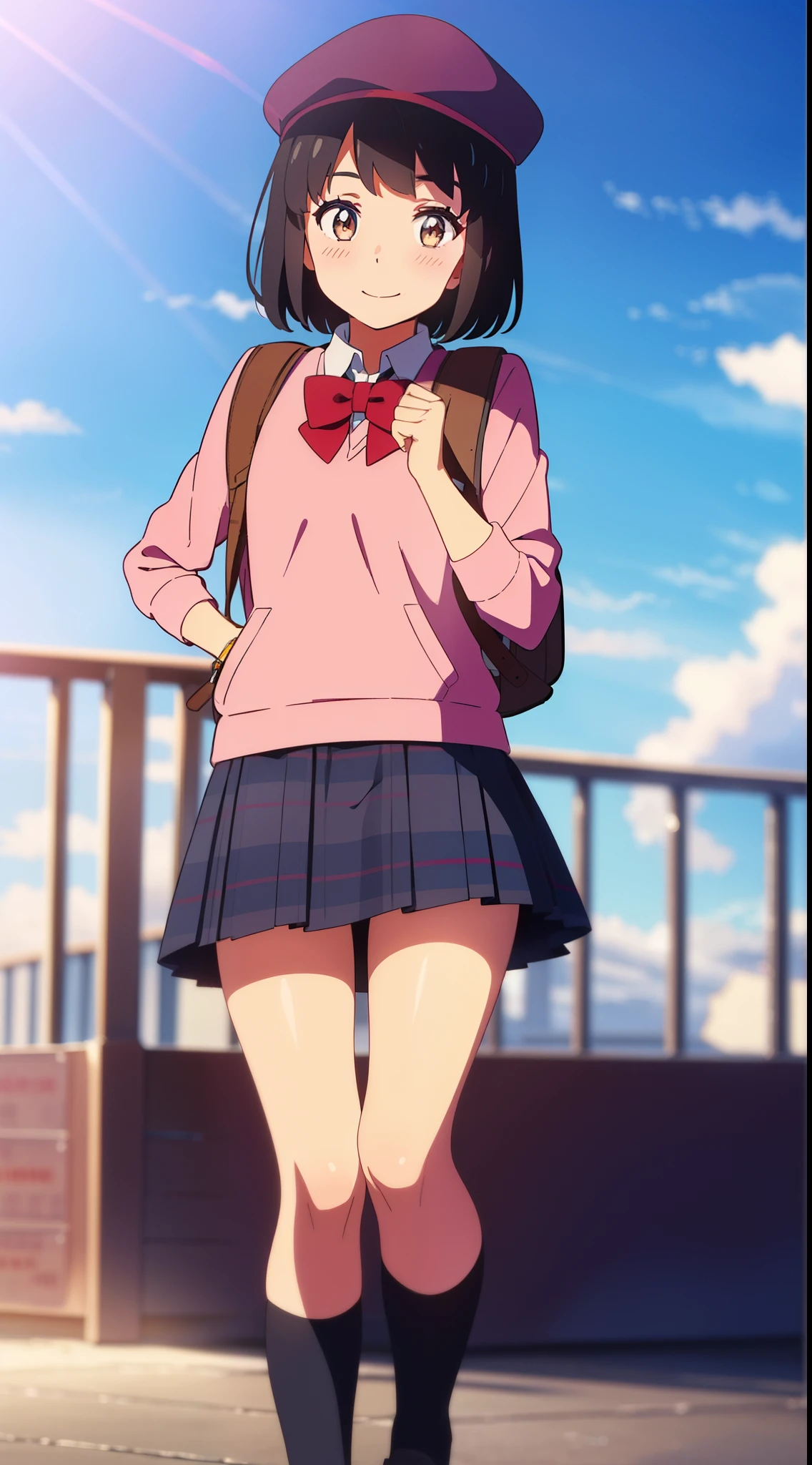 shinkai makoto, kimi no na wa., 1girl, bangs, black hair, blush, bright eyes, brown eyes, red headband, red bow, red ribbon, short hair, smile, cute, beautiful, shiny skin, perfect body, perfect hands, looking at viewer, sweater, shirt, flatcap, skirt, plaid skirt, day, sky, blue sky, cloudy, sunlight, outdoors, summer festival, Amusement park, dynamic lights, backpack