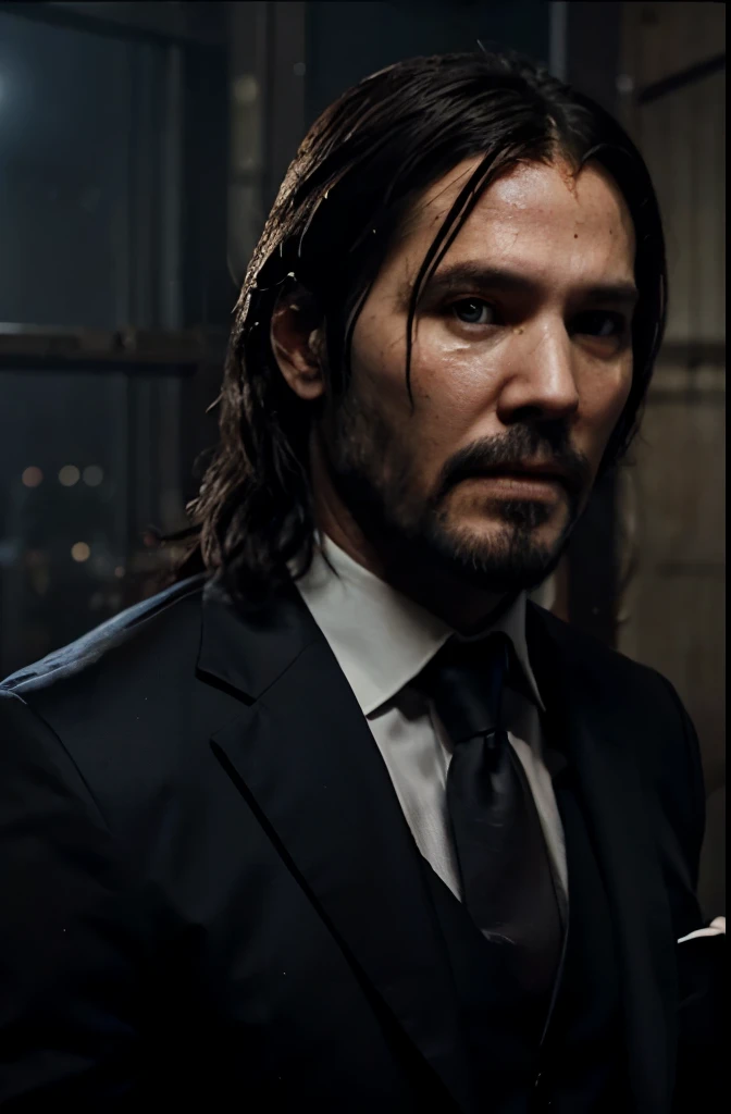 create a picture of john wick wearing black suit and tie with beard and little long hair. Make it more realistic