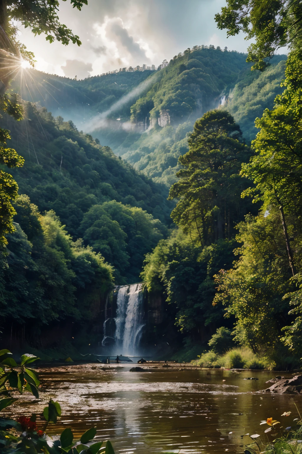((best quality)), ((masterpiece)), (detailed), (dense thick forest),water falls, sun set rays, animals, butterflies, (rainy), flowers, long lenses, fresh air, vibrant , realistic, mountains, winds, birds,