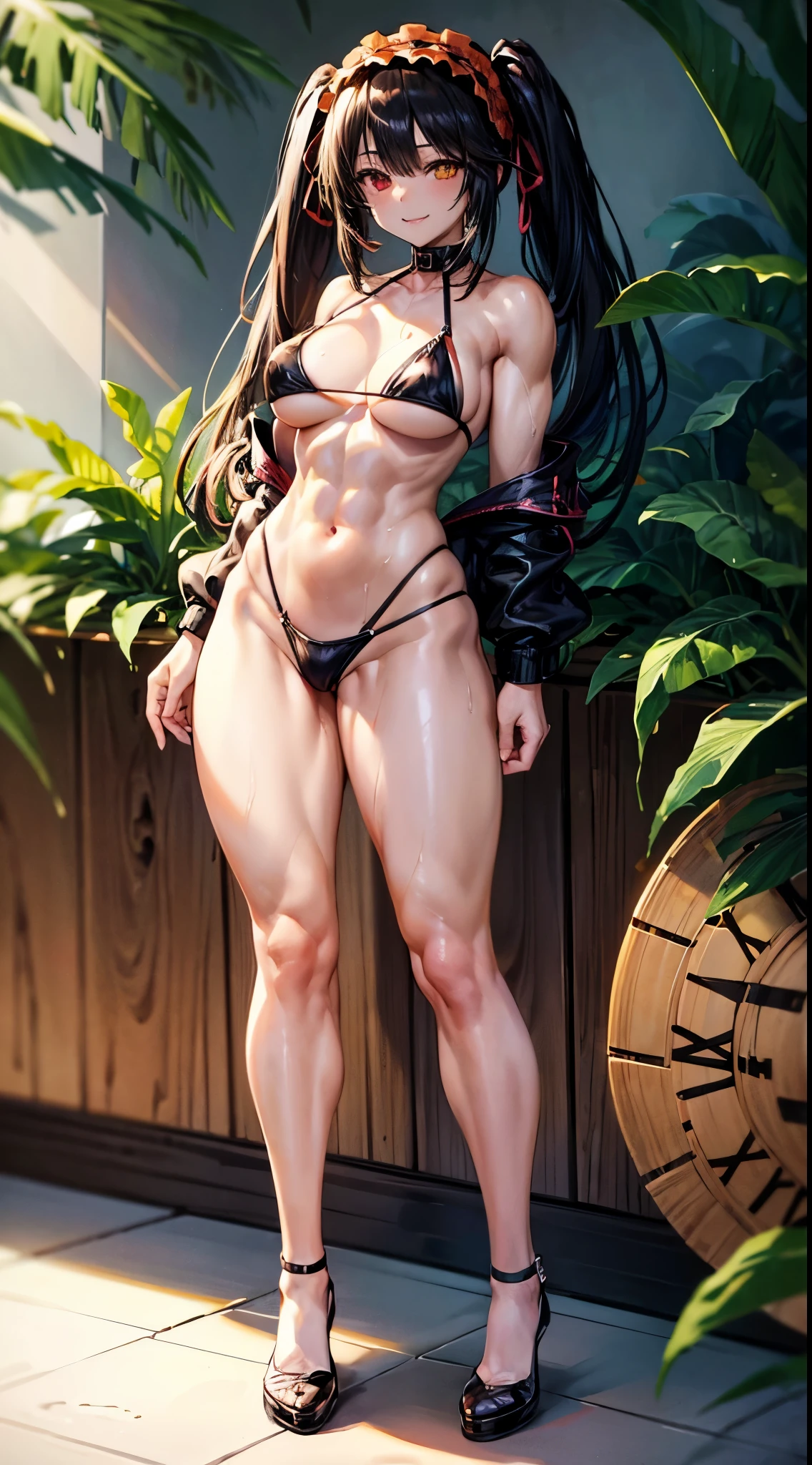 absurdres, highres, ultra detailed, super fine illustration, best quality, 1boy, perfect anatomy, male focus, solo, (dark-skinned:0.8) male, silver hair, long hair, black bikini, bare shoulders, bare arms, bare legs, &lt;lora:_L2090:-0.6&gt; &lt;lora:flat:-0.2&gt;