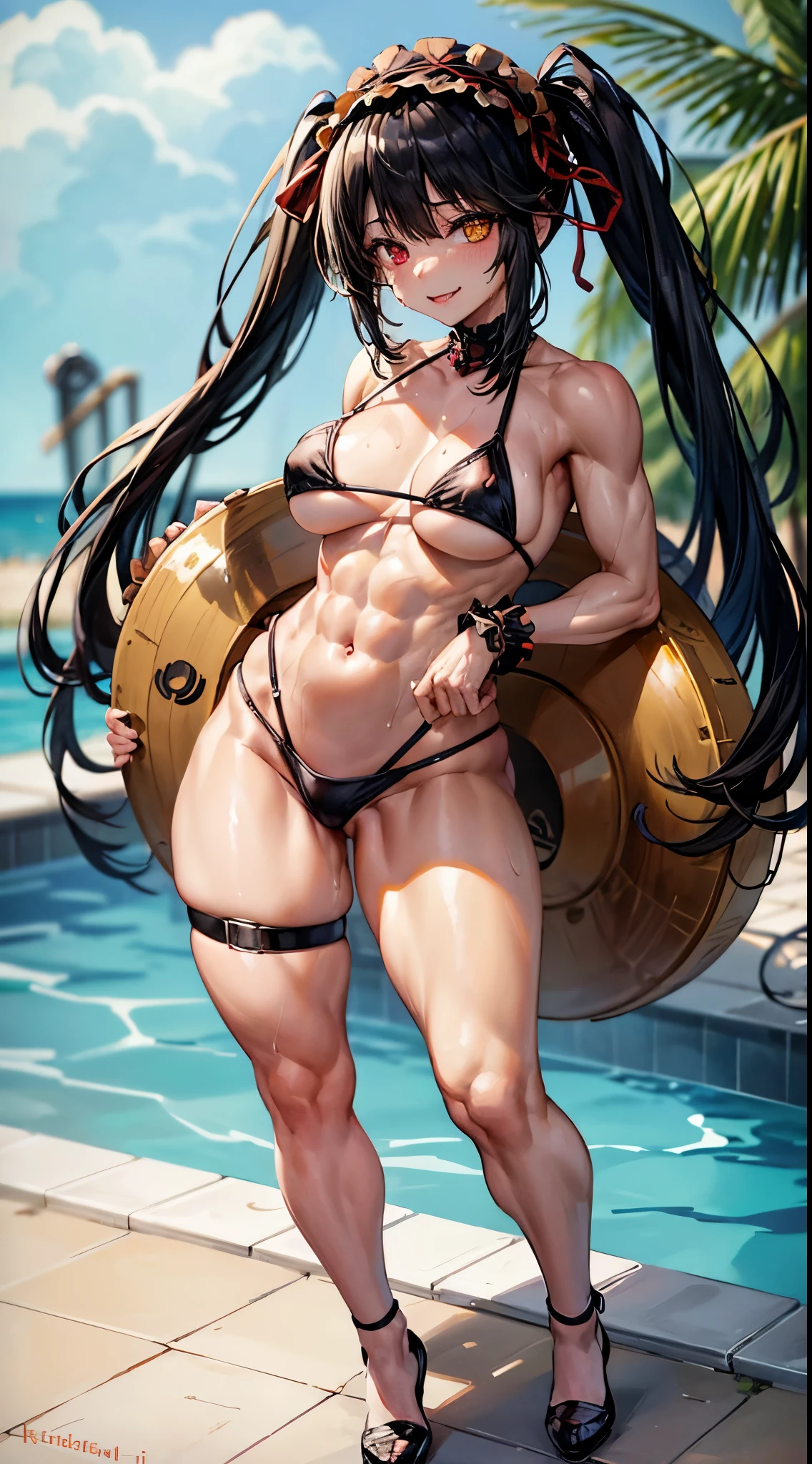 1 girl, bare shoulders, black hair, medium breasts, (muscular legs), white skin, muscular belly, wide hips, thin waist, (((clock eyes))), in the pool with the hot sun, (very sexy black bikini and short), (((being sexy))), full body, hair band, (((all wet))), (standing), heterochromia, black high heel shoes, ta hair band, long hair, red eyes, smile, only, symbol-shaped pupils, (Kurumi tokisaki), (twintails), yellow eyes