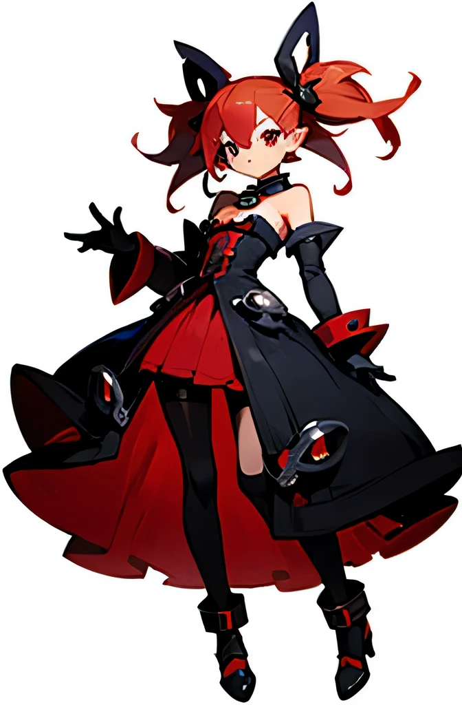 1girls, full entire body, Etna, disgaea, rotes Haar, Halskette, twintails, stockings, Ellbogen-Handschuhe, enges Kleid, langes Kleid, Meisterwerk, High quality