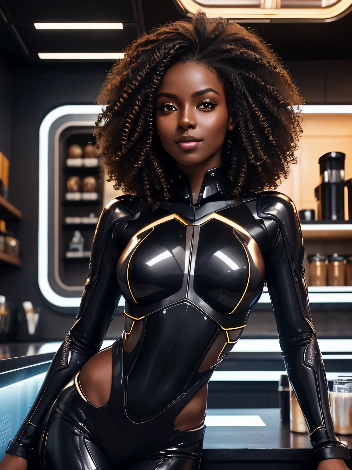 futuristic girl with a perfect figure, radiant dark skin, amber eyes, aquiline facial features, tech windows looking out into space, seductive and alluring, luscious lips, crooked smile, dark hair, long curly hair, dark skin, futuristic coffee shop