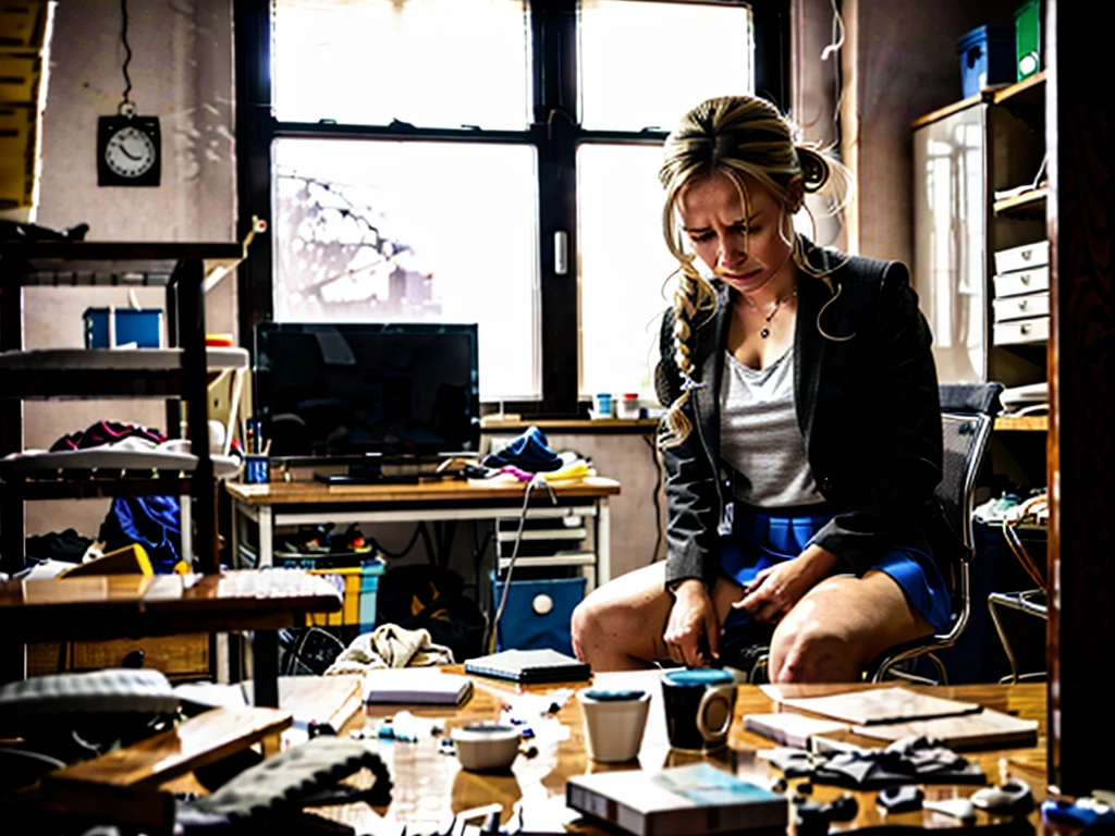 1girl, wearing a tight-fitting grey suit, dark grey skirt, she is sat on a broken chair, in an office that was trashed, hundreds of objects on the ground, broken cabinets, dirty working table, computer still on, a girl is angry and crying, dirty ragged clothes, blonde hair, crown braid, red eyes, pearl earrings, makeup, pain, grimace, despair, lonely, sobbing, smelling, wide shot, panorama, Nikon, Wide-Angle, ray tracing, backlighting, reflection light, masterpiece, UHD, 8k, best quality, highres, high details, super detail, Photorealistic, super detailed skin, Perfect Anatomy