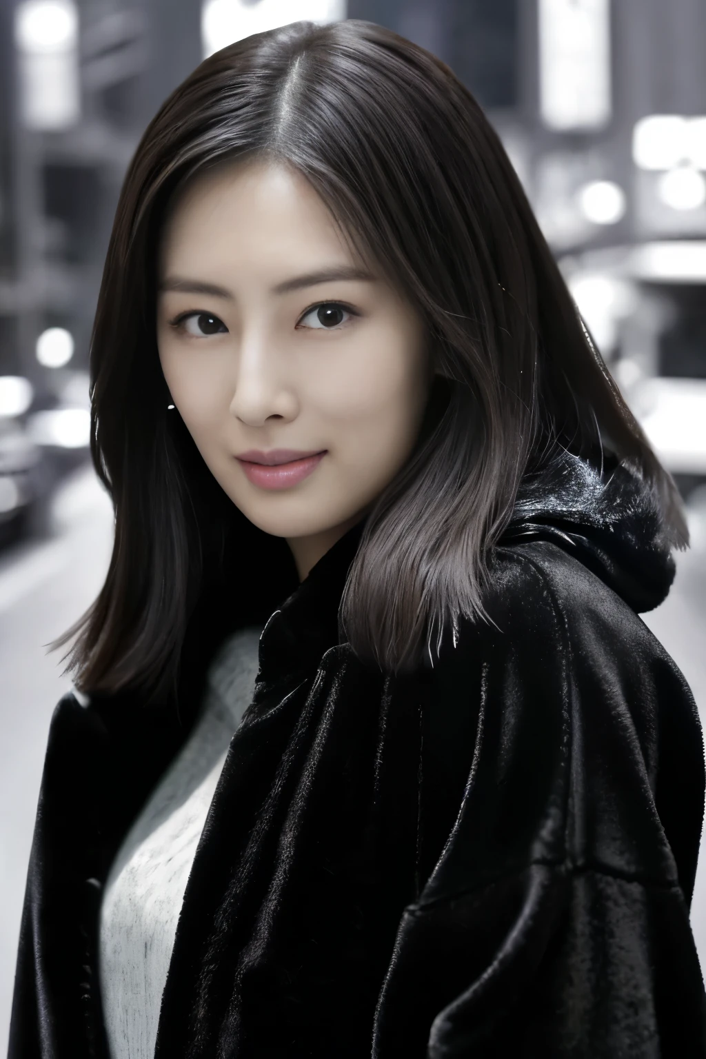 Japanese woman posing in a full-length black mink coat, realistic body shot photo, In the illuminated night city, The front is slightly open, In front of the camera, (Natural Breast), Glamour, beautiful hairl, hyperdetailed face, hyperdetailed lips, Ultra-detailed nose, Beautiful face, ((Strong eyes)), Perfect Anatomy, fit girl, Looking into the camera, Walking towards the camera, Facing the front, strong hip, wide-hips, 25 years old women, Beautiful hands