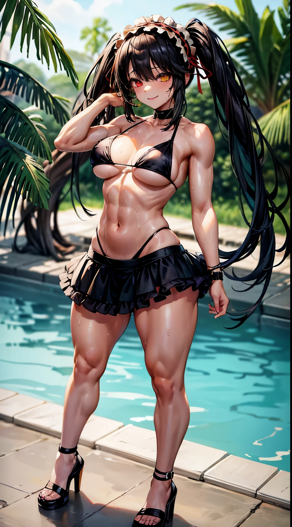 1 girl, bare shoulders, black hair, medium breasts, (muscular legs), white skin, muscular belly, wide hips, thin waist, (((clock eyes))), in the pool with the hot sun, (very sexy black bikini and short), (((being sexy))), full body, hairband, (((all wet))), (standing), camera focused on the floor, heterochromia, black high heel shoes, ta headband hair, long hair, red eyes, smile, only, symbol-shaped pupils, (Kurumi tokisaki), (twintails), yellow eyes