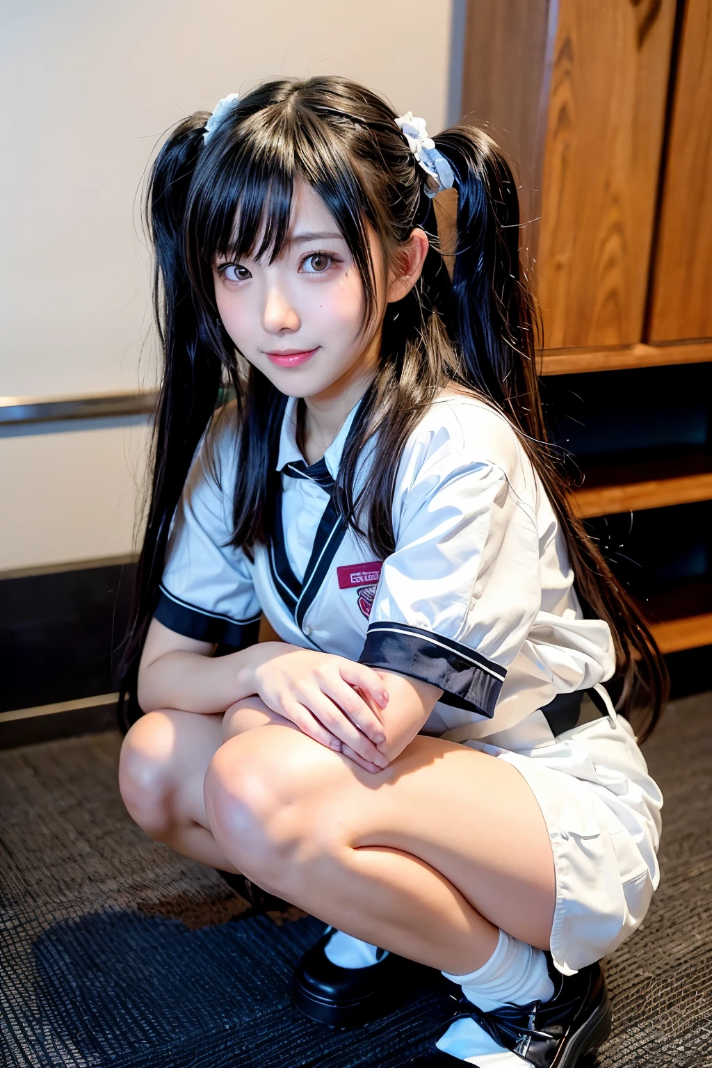 ((Best Quality)), ((masutepiece)), (Cinematic aesthetics:1.4) Photo of a beautiful Japanese fashion model Bokeh City Night High school uniform Squatting down and holding her knees with both hands Twintails Legs apart Shy Smile Young face Front view Background is a school classroom