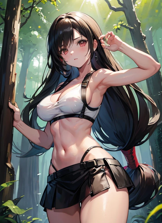 Name Tifa Lockhart Anime character, beautiful, medium breasts, is in the forest while completely naked