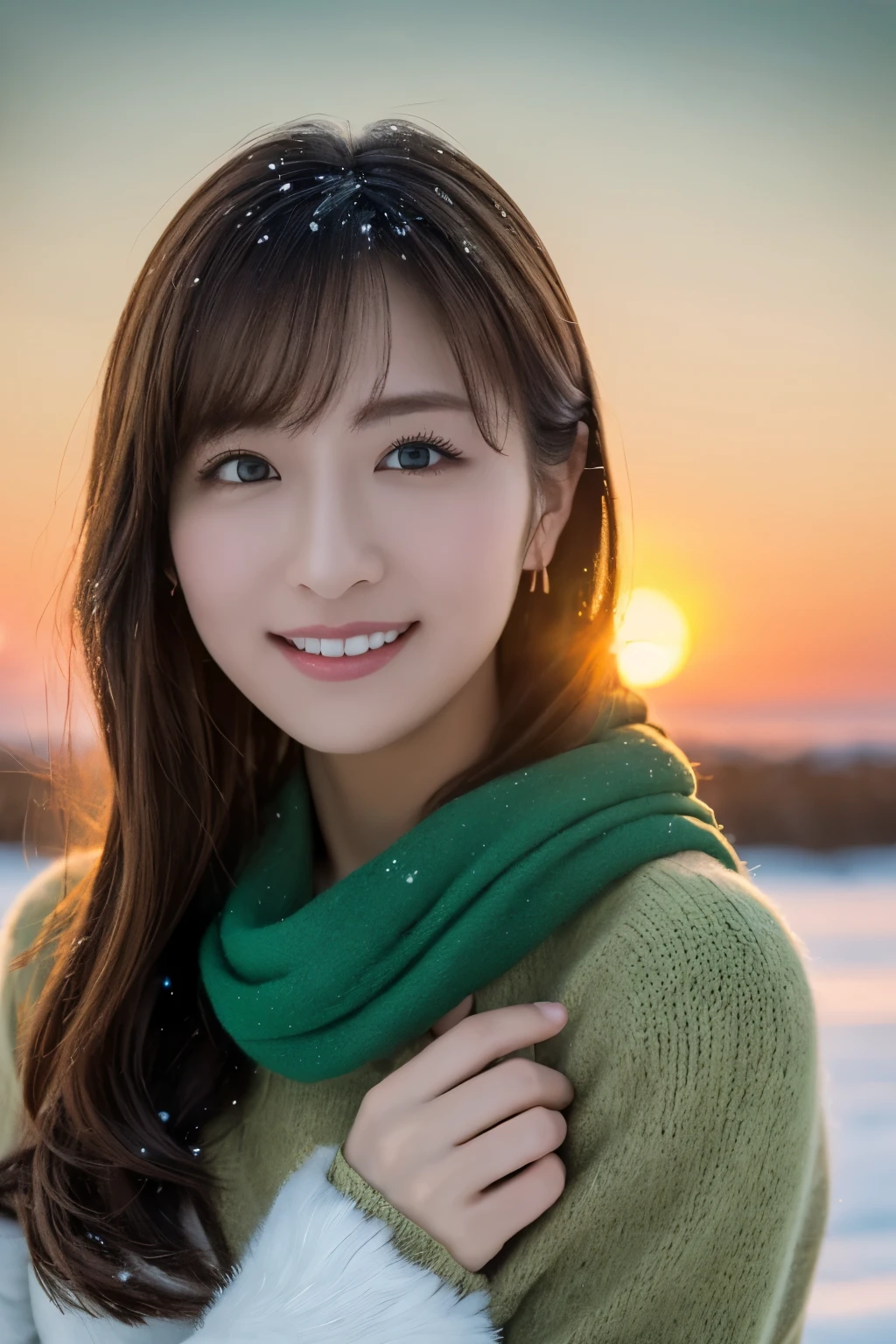 1girl in, (Green muffler:1.4), Very beautiful Japan actress,
(Raw photo, Best Quality), (Realistic, Photorealsitic:1.4), masutepiece, 
Extremely delicate and beautiful, Extremely detailed, 2k wallpaper, amazing, 
finely detail, the Extremely Detailed CG Unity 8K Wallpapers, Ultra-detailed, hight resolution, Soft light, 
Beautiful detailed girl, extremely detailed eye and face, beautiful detailed nose, Beautiful detailed eyes, Cinematic lighting, 
Suitable for winter, Lapland snow field, (Sun setting on the horizon:1.4), 
The bright red sunset colors the snowy field., diamond dust shine, (snow on top:1.3), 
Perfect Anatomy, Slender body, Small, Smiling