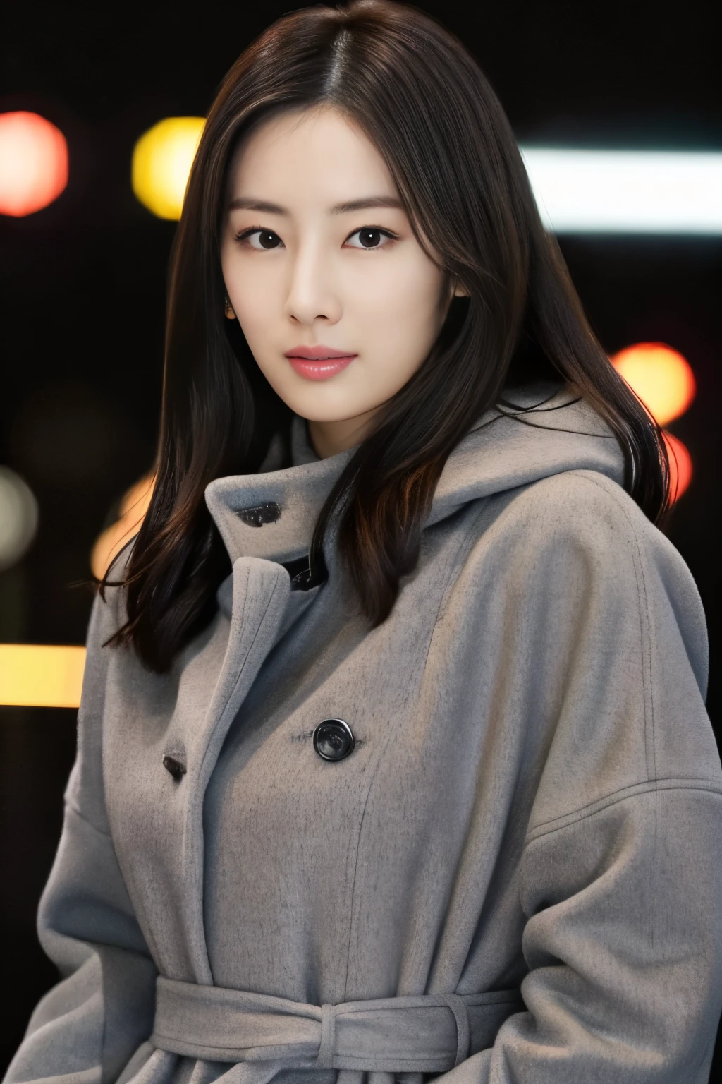 Japanese woman posing in a full-length gray mink coat, realistic body shot photo, In the illuminated night city, The front is slightly open, In front of the camera, (Natural Breast), Glamour, beautiful hairl, hyperdetailed face, hyperdetailed lips, Ultra-detailed nose, Beautiful face, ((Strong eyes)), Perfect Anatomy, fit girl, Looking into the camera, Walking towards the camera, Facing the front, strong hip, wide-hips, 25 years old women, Beautiful hands