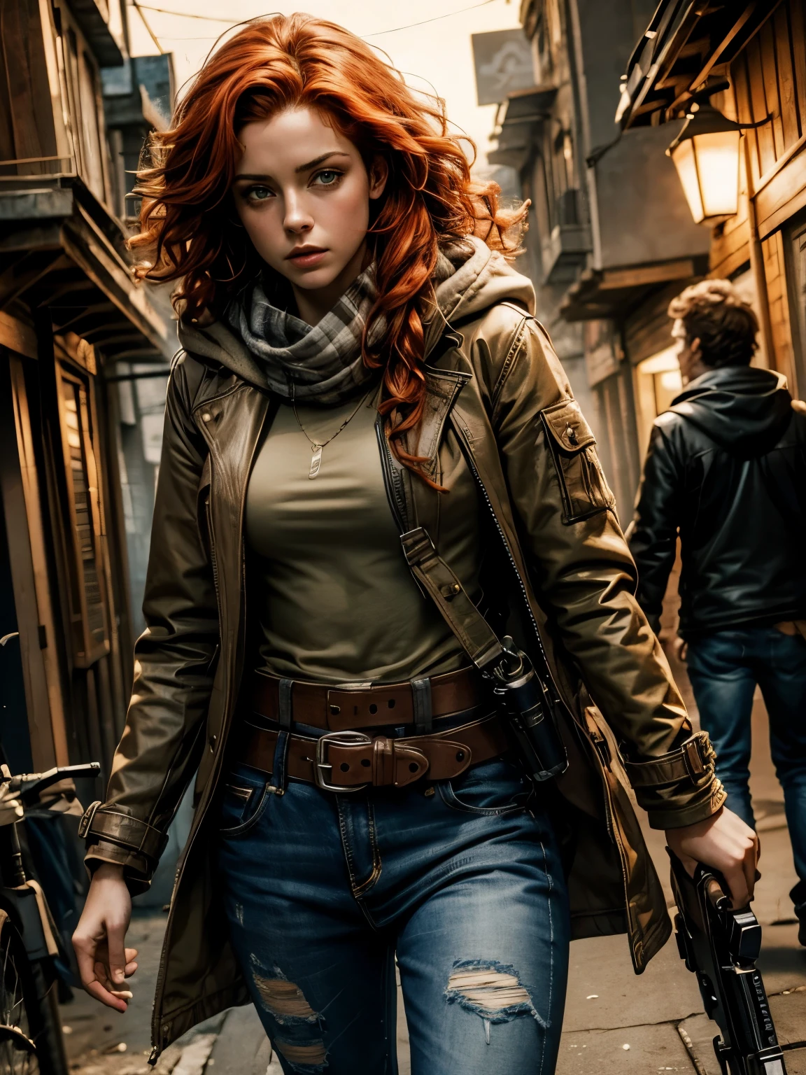 Photorealistic, dramatic lighting, close-up of Amy Manson, scruffy long canvas coat, baggy hoodie, keffiyeh, jeans, equipment belt with gun holster, green eyes, redhead, thick long curly red hair, fierce expression, derelict town at night