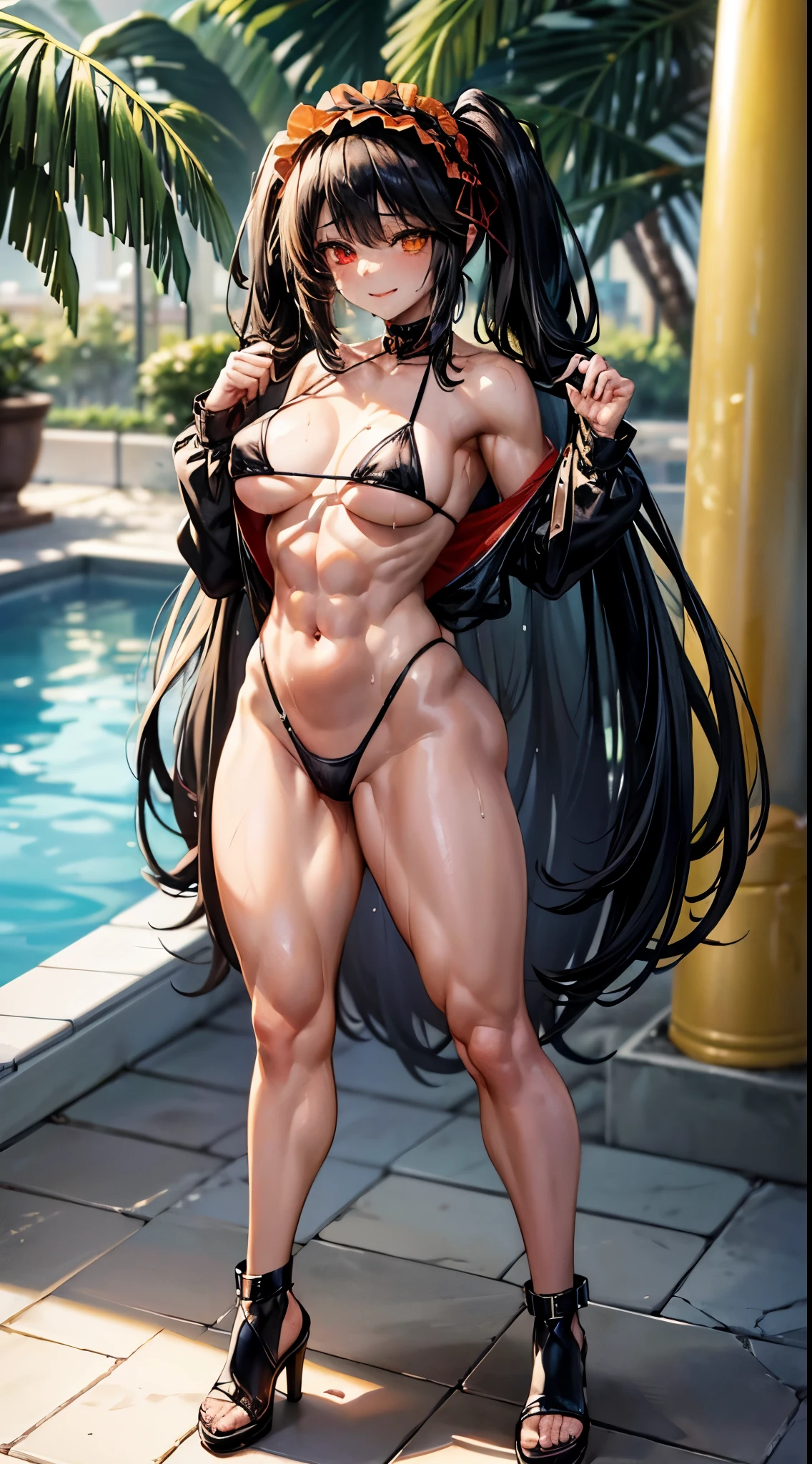 1 girl, bare shoulders, black hair, medium breasts, (muscular legs), white skin, muscular belly, wide hips, thin waist, (((clock eyes))), in the pool with the hot sun, (very sexy black bikini and short), (((being sexy))), full body, hair band, (((all wet))), (standing), {{{stepping on me}}}, heterochromia, black high heels tall, lolita hairband, long hair, red eyes, smile, only, symbol-shaped pupils, (Kurumi tokisaki), (twintails), yellow eyes