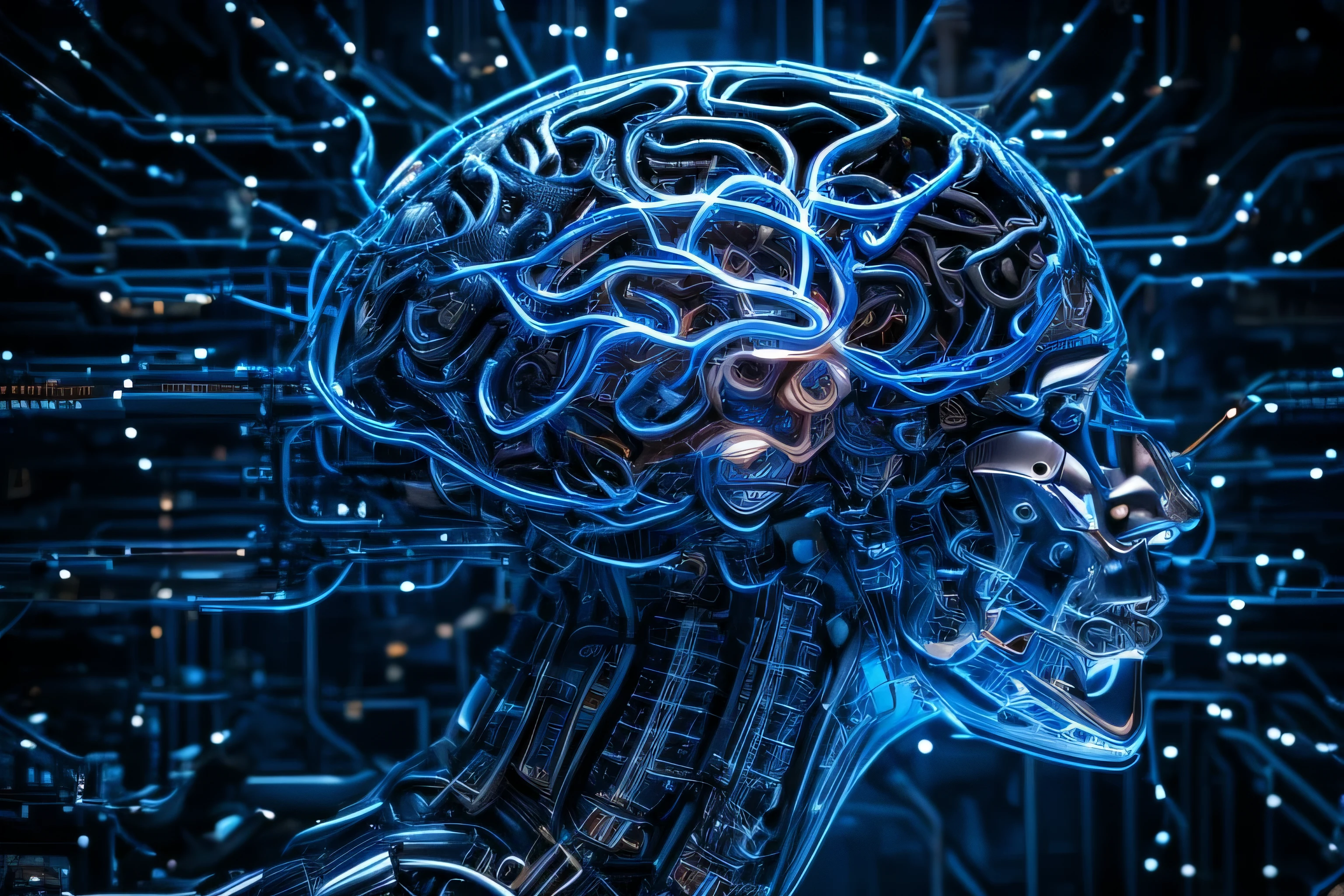 Fully robotic human brain,extremelycomplicateddetailest quality at best,Focus sharp,Fantastic style,dark blue white