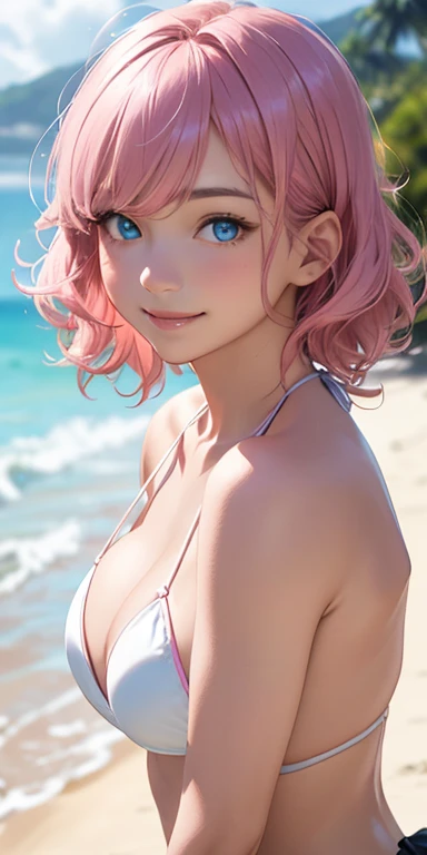 baby face, (pink short wavy hair:1.5,messy hair:1.5), (photorealistic:1.8), (masterpiece, sidelights, exquisite beautiful eyes: 1.5), masterpiece*portrait, realistic, 3D face,(cute face),front view: 1.6、 (glowing blue eyes:1.2),plump face:1.5,(tareme:1.5)、(seductive smile:1.2),Rosy Mouth,Slim Body,abs, shiny hair, shiny skin: 1.5、medium breasts,cleavage、solo,(stand)、(white micro bikini)、(charactor focus:1.5、portlate:1.5、upper body),beach,