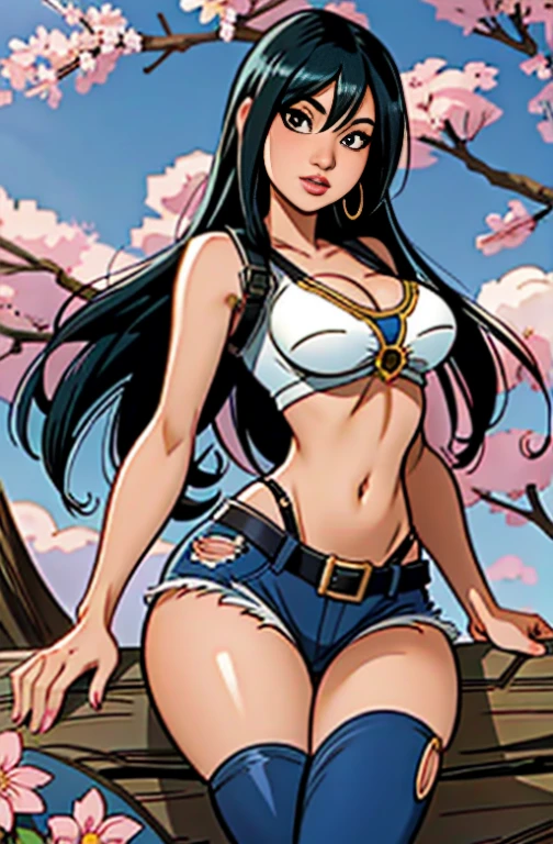 anime girl with long black hair and blue jeans posing in front of a tree, anime sedutora, linda sedutora mulher anime, Anime bonito e sedutor , Nico Robin, linda mulher anime, 4 k manga wallpaper, menina atraente, Retrato sedutor de Tifa Lockhart, mulher anime, Tifa Lockhart, Artgerm extremamente detalhado, female action anime girl, menina animea