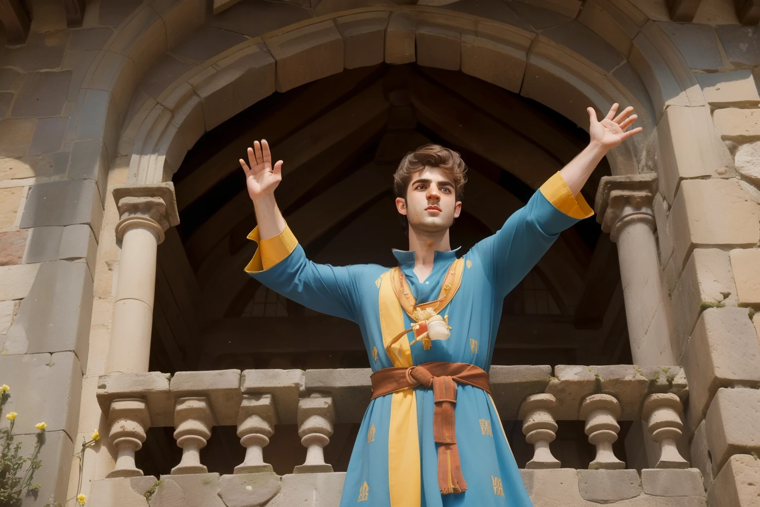 1153, Earlcastle, England. Otherworldly scene outside a medieval castle, ((((30-year-old)) Matthew Daddario)), knight, waving to the crowd from a balcony, cheering crowd, ((victorious expression)), ((((tunic from the 12th century)))), ((Hairstyle of the 12th century)), ((Wes Anderson cinematic style)), colorful