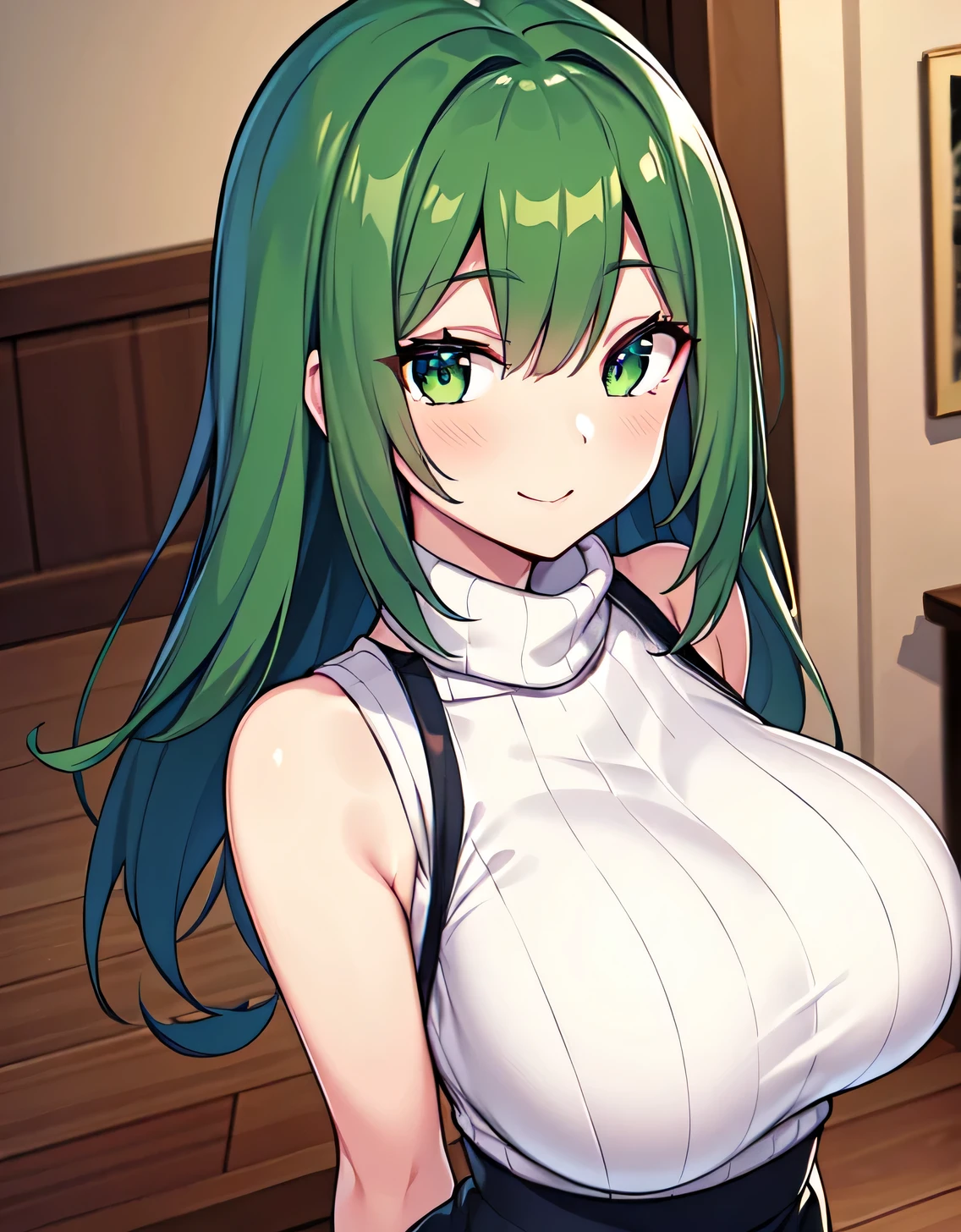 (Large breasts:1.5),Looking at Viewer,((masutepiece)),((Best Quality)),Perfect Anatomy,8K UHD,extra detailed face,gloss and shiny,((1girl in)),((Solo)),(Beautiful detailed eyes:1.5),image perfect,(Upper body:1.1),(Look at the front:1.1),Arms behind,Slim waist,Shiny hair,Standing,Bangs,Green hair,Green eyes,(Semi-long hair:0.7),Smile,turtle neck,Vertical sweater,Indoor room,Skirt,