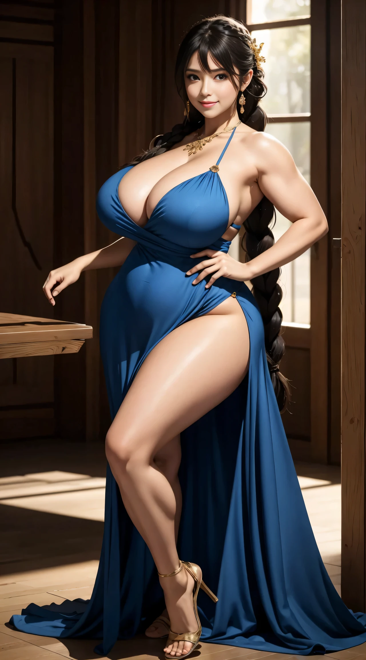 A beautyful girl，Burly body，Cute temperament，long hair braid，partedbangs，ssmile，super gigantic breasts，Muscles throughout the body，little belly，（plumw，slightly fat big breasts），gigantic hip，wide hips，Huge ass，gigantic hip，The legs are long，beautiful foot，Wear a tight evening gown，Large slit evening dress，Shoot from a distance