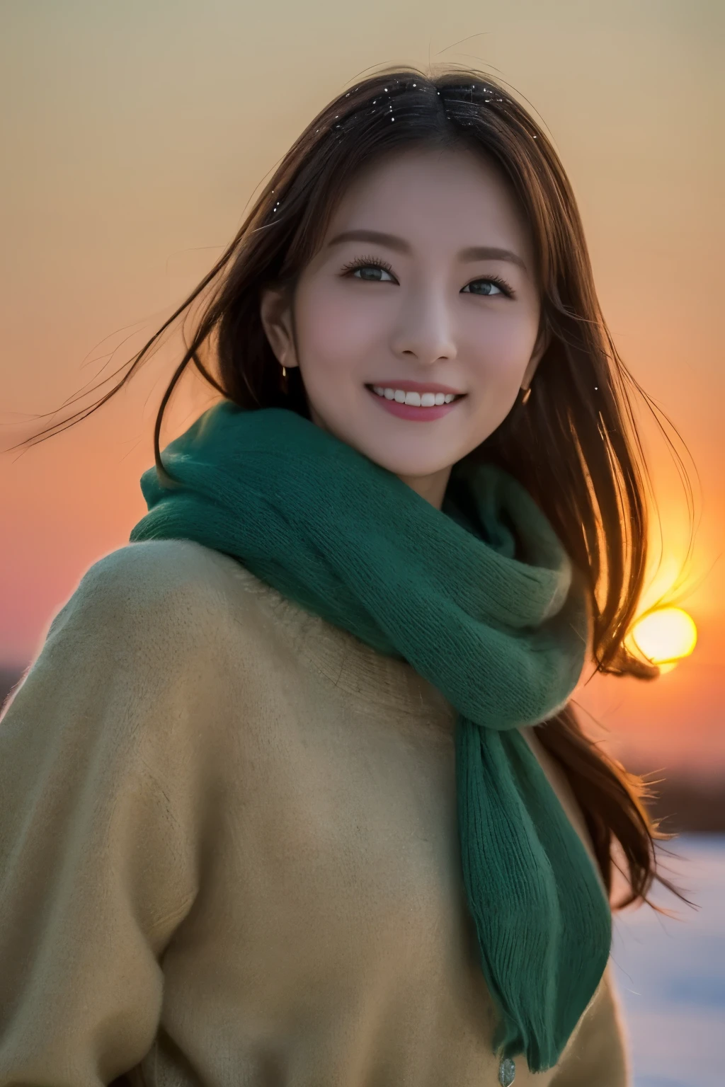1girl in, (Green muffler:1.4), Very beautiful Japan actress,
(Raw photo, Best Quality), (Realistic, Photorealsitic:1.4), masutepiece,
Extremely delicate and beautiful, Extremely detailed, 2k wallpaper, amazing,
finely detail, the Extremely Detailed CG Unity 8K Wallpapers, Ultra-detailed, hight resolution, Soft light,
Beautiful detailed girl, extremely detailed eye and face, beautiful detailed nose, Beautiful detailed eyes, Cinematic lighting,
Suitable for winter, Lapland snow field, (Sun setting on the horizon:1.4),
The bright red sunset colors the snowy field., diamond dust shine, (There'There's snow on top:1.Elfect Anatomy, Slender body, Small, Smiling