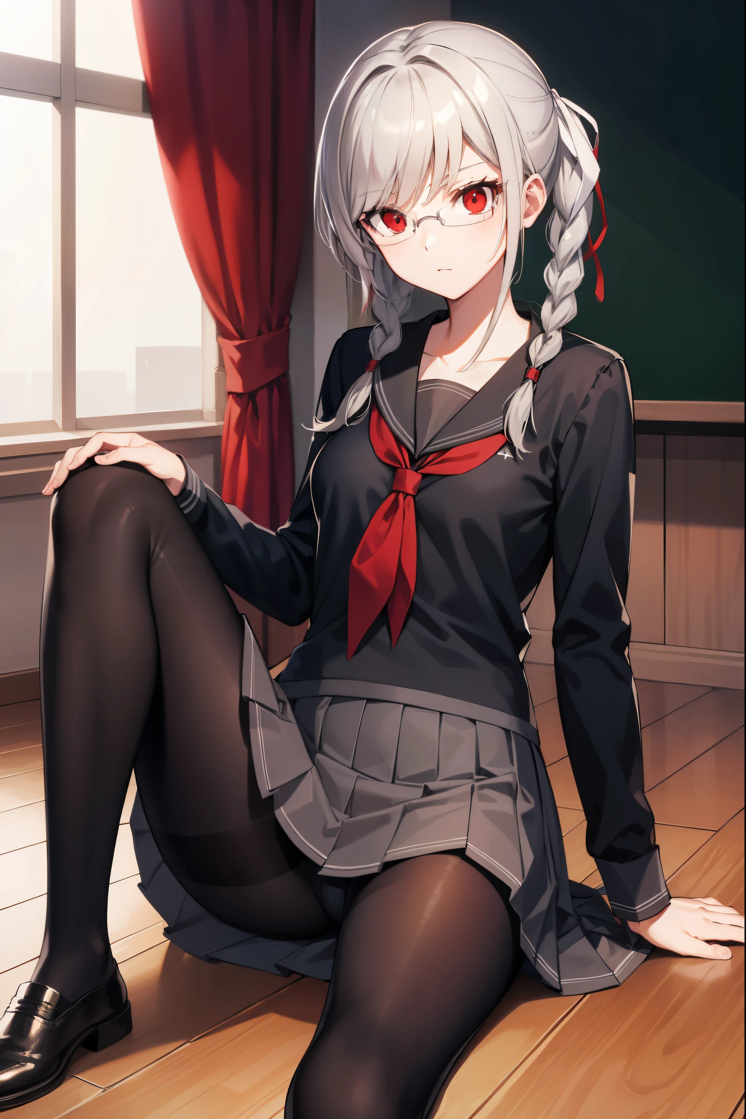 pekopekoyama, peko pekoyama, braid, long hair, (red eyes:1.5), twin braids, glasses,
BREAK black pantyhose, black shirt, brown footwear, collarbone, pantyhose, pleated skirt, school uniform, serafuku, shirt, shoes, skirt,
BREAK looking at viewer,
BREAK indoors, classroom,
BREAK (masterpiece:1.2), best quality, high resolution, unity 8k wallpaper, (illustration:0.8), (beautiful detailed eyes:1.6), extremely detailed face, perfect lighting, extremely detailed CG, (perfect hands, perfect ),